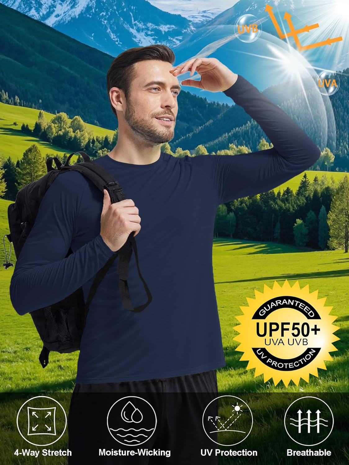 Mens UPF 50+ UV Sun Protection Shirts Outdoor Long Sleeve SPF Rash Guard for Fishing Hiking Swim Running - Image 3