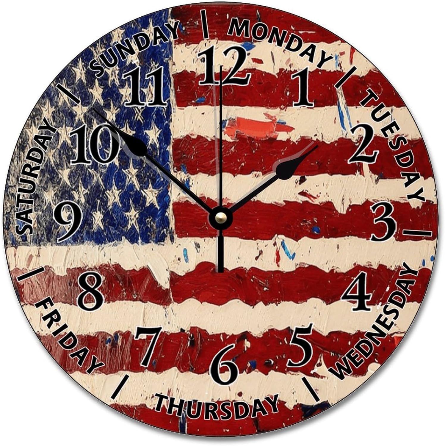 ArogGeld Day of The Week Patriotic Wall Clock Painting American Flag 12 Inch Wall Clocks Battery Operated Silent Non-Ticking Farmhouse Wall Decor for Bedroom Living Room Retirement Gift