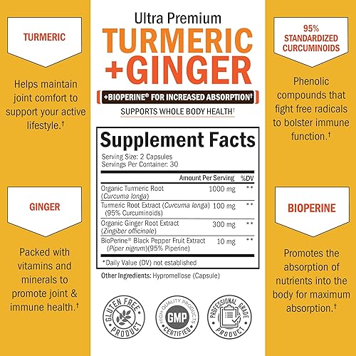 Vista 4 de Suplemento de curcumina de cúrcuma y jengibre, 95% curcuminoides estandarizados con extracto de pimienta negra BioPerine para una absorción ultra
