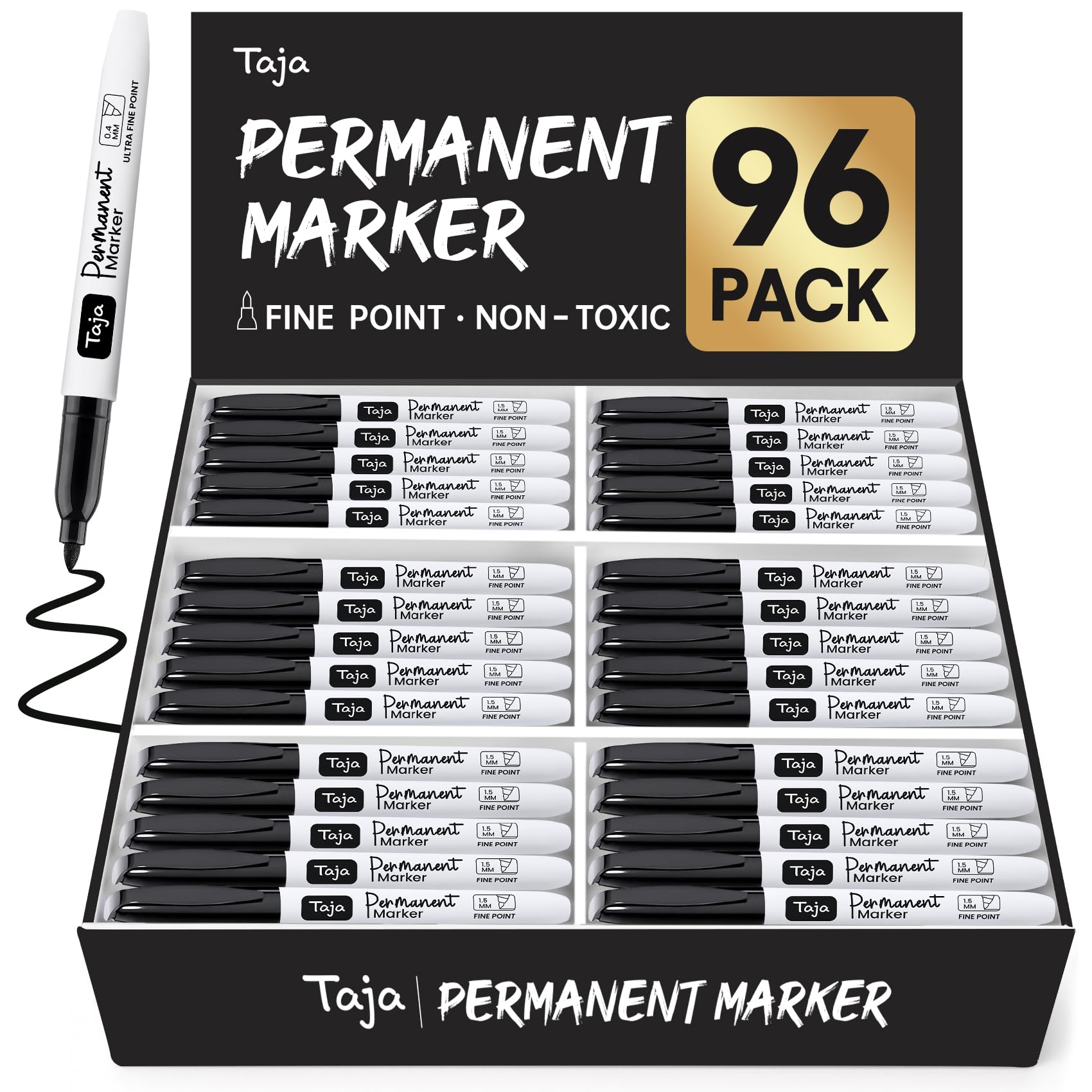 Permanent Markers Fine Tip, 96 Pack Black Quick-Drying and Fade-Resistant Permanent Markers Bulk Set for Writing and Drawing on Wood, Plastic, Metal,