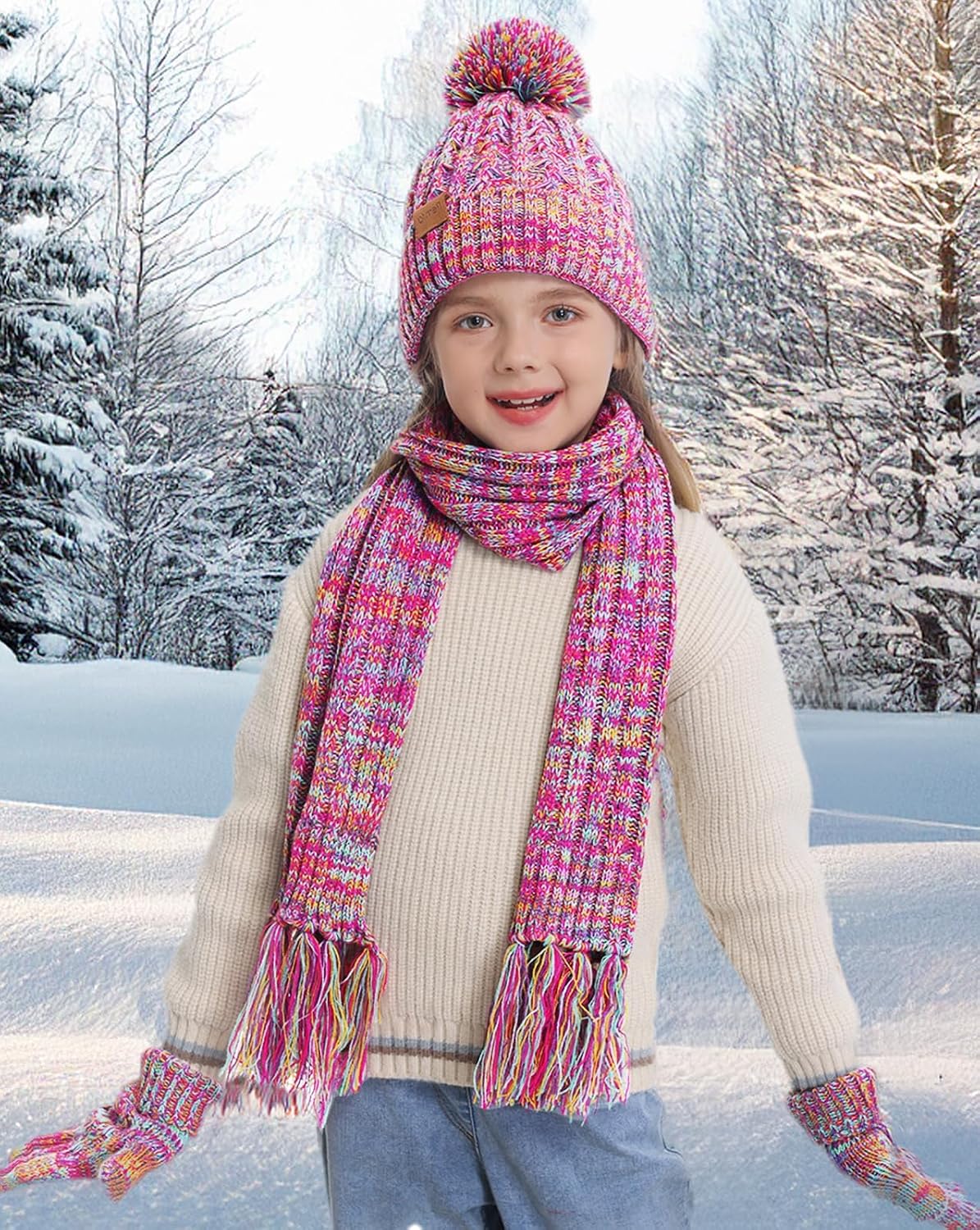 Remifa Kids Winter Hat Gloves Scarf Set, Valentines Gift for Girl Boy Toddler w/Fleece Lined Pom Beanie Warmer Scarf Mittens