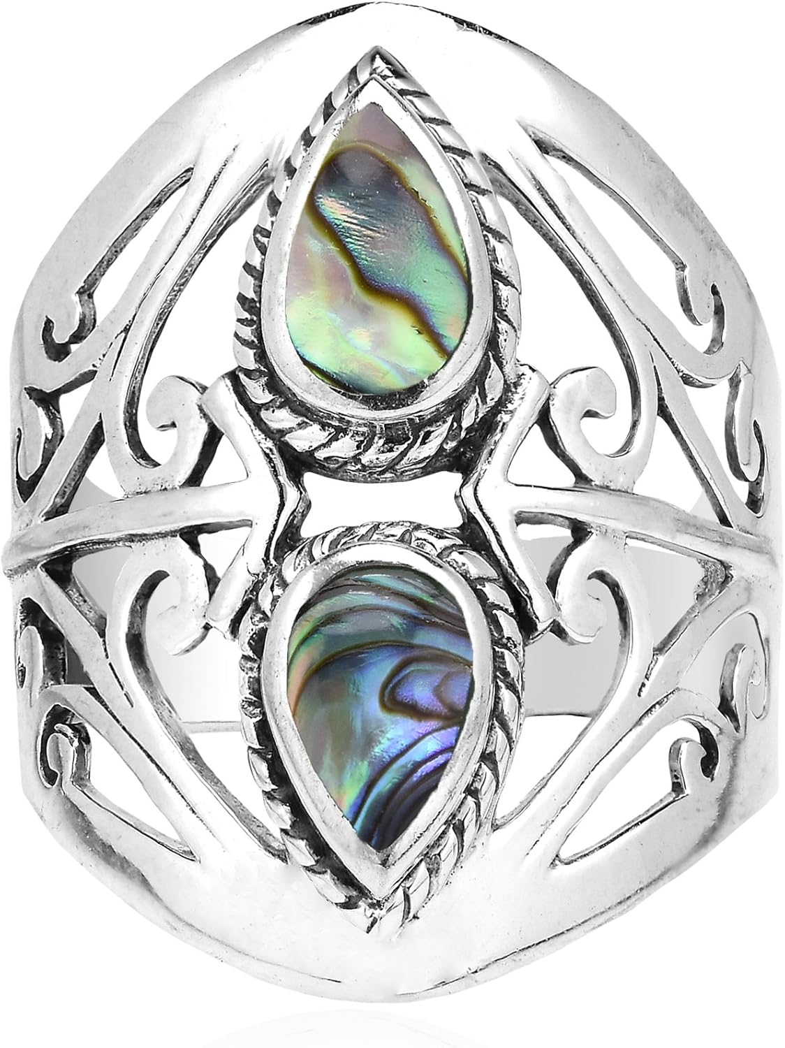 AeraVida Grand Reflection Filigree Teardrop Abalone Shell .925 Sterling Silver Ring