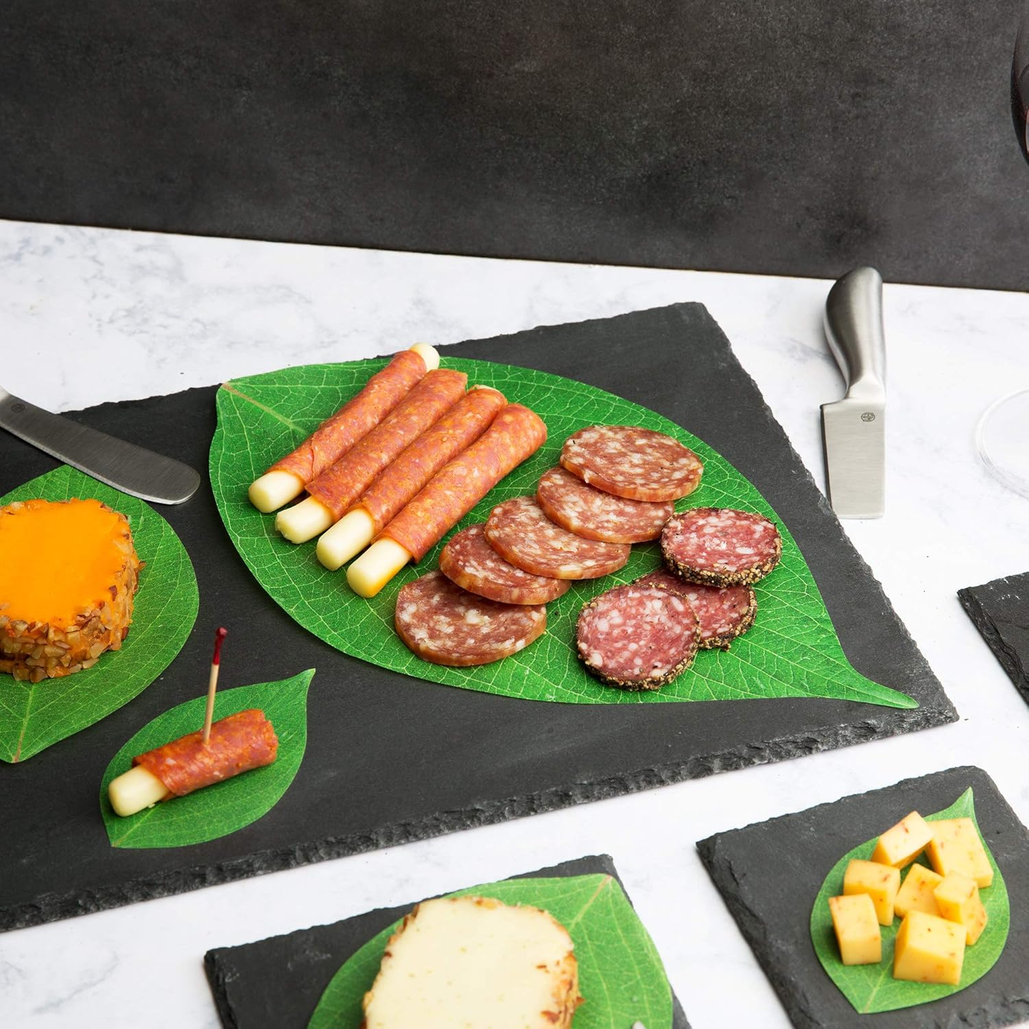 Disposable Cheese Board Paper, Set of 45 Assorted Sizes, Vibrant Green Leaf in 3 Sizes, Perfect Cheese Board Accessories for Meat and Cheese Boards, Travel, Weddings