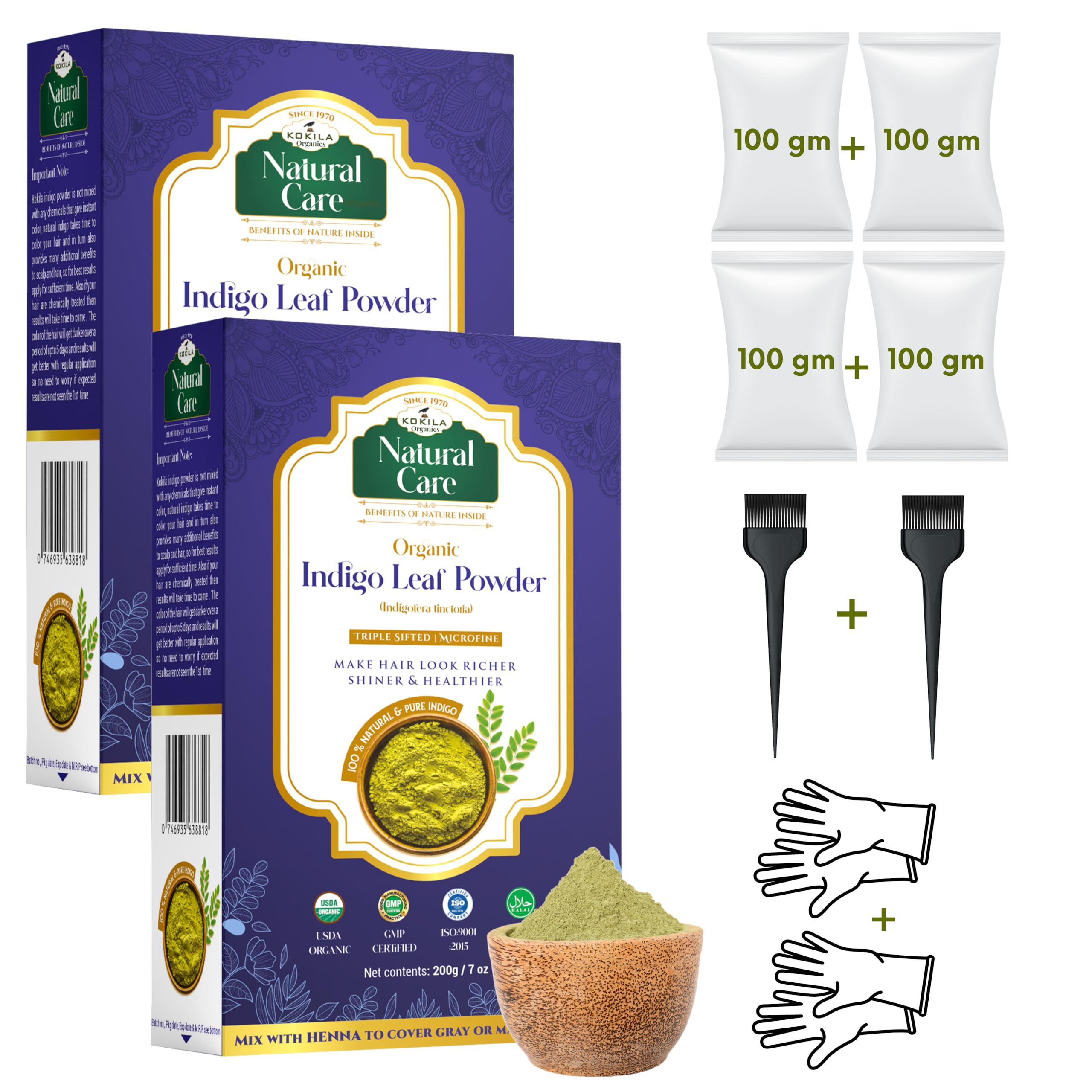 Kokila Indigo Powder 100% Naturals & Organic Hair Coloring, Protects hair from Damage, Dark Brown Color - 2 Box (4 Pouches - 100Gm each) 400Gm-picture-24