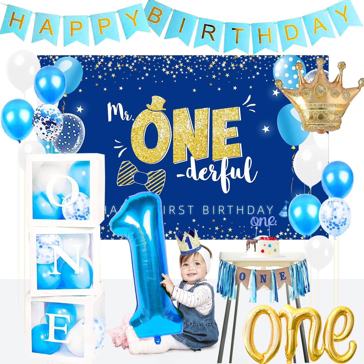 1st Birthday Decorations Boy - First Birthday Baby Boy Decorations Include Balloon Box, Backdrop, Crown, Banner, High Chair Banner, Topper, For Baby First One Year Old Boy Party Supplies