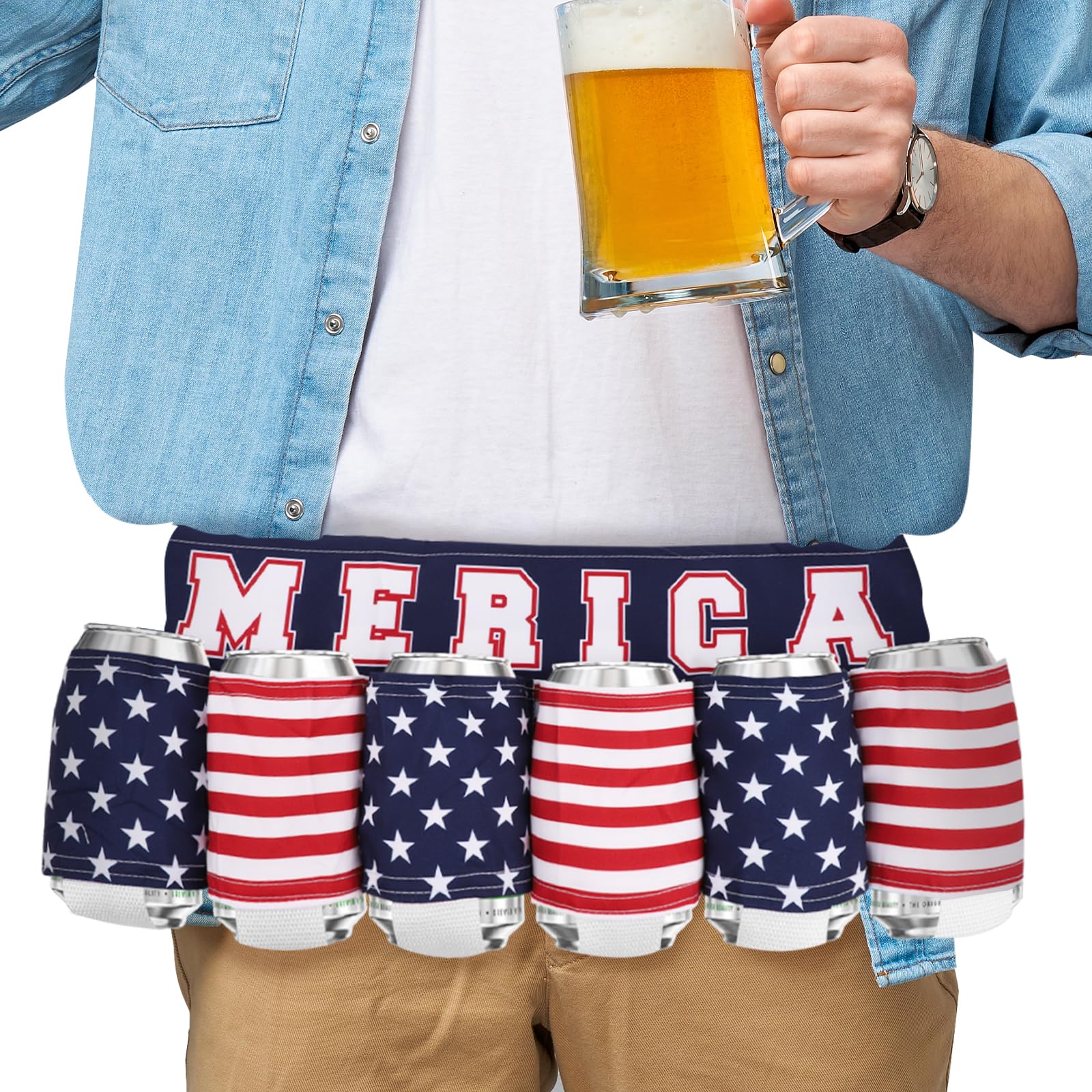 GUSDYIT American Beer Belt Holder for Men Woman, 4th of July Beer Belt, Patriotic Beverage Can Beer Holster