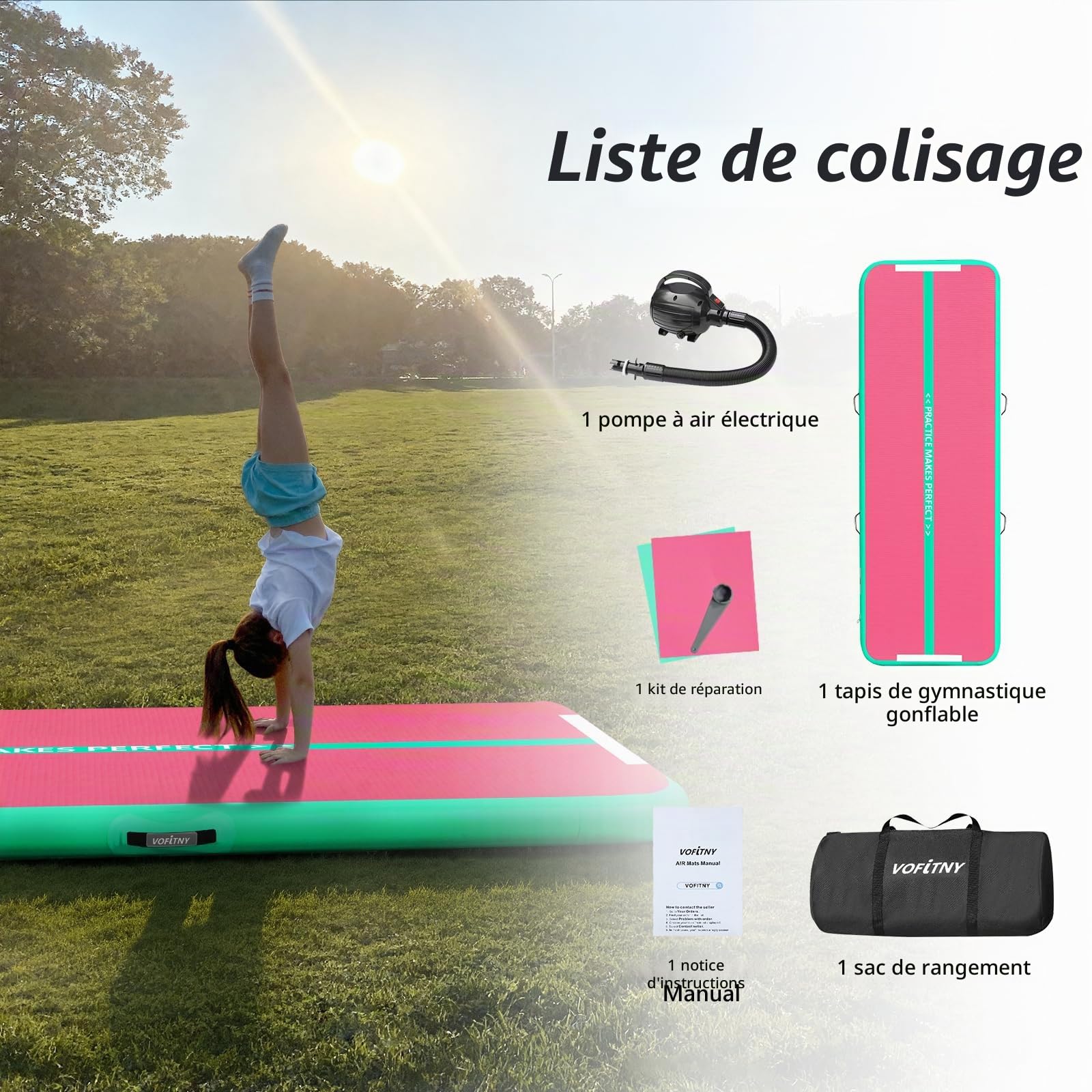 VOFiTNY Tapis de gymnastique tout usage 1,8/3/3,9/4,9/6,1 m robuste et gonflable pour maison/salle de sport