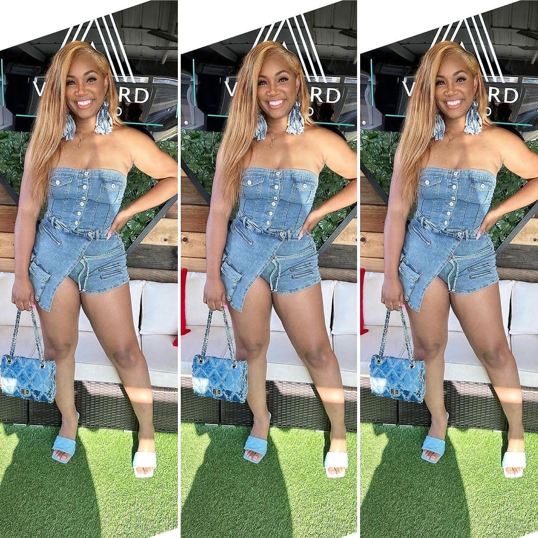 Molilove Women's Denim 2 Piece Outfits Button Tube Top and Cargo Shorts with Pockets Summer Sexy Jeans Shorts Set Tracksuits