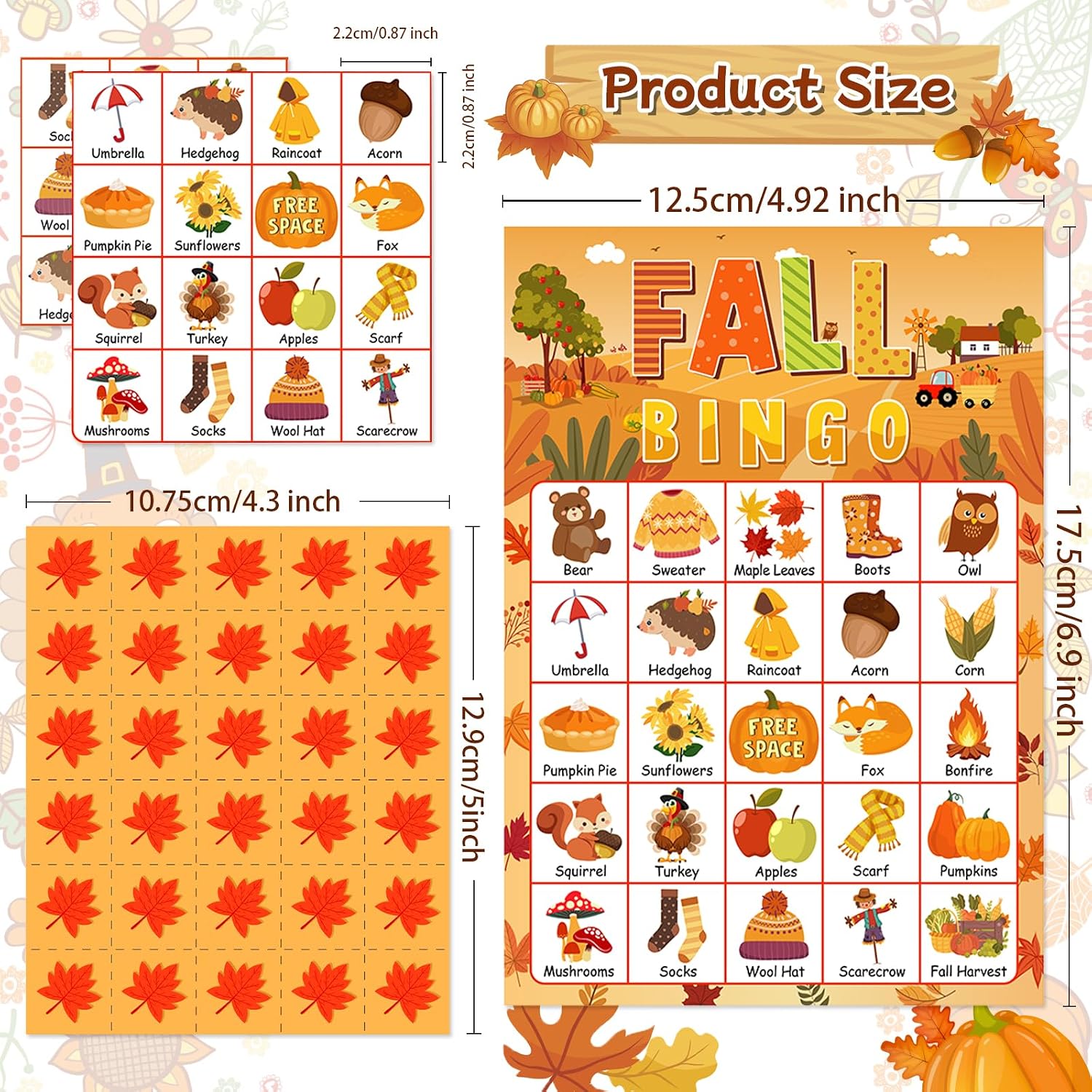 24 Players Fall Bingo Card Autumn Bingo Games for Kids Autumn Harvest Card Game Fall Crafts for Family Fall Craft Supplies Thanksgiving Bingo Cards for Classroom Activities Party Favors