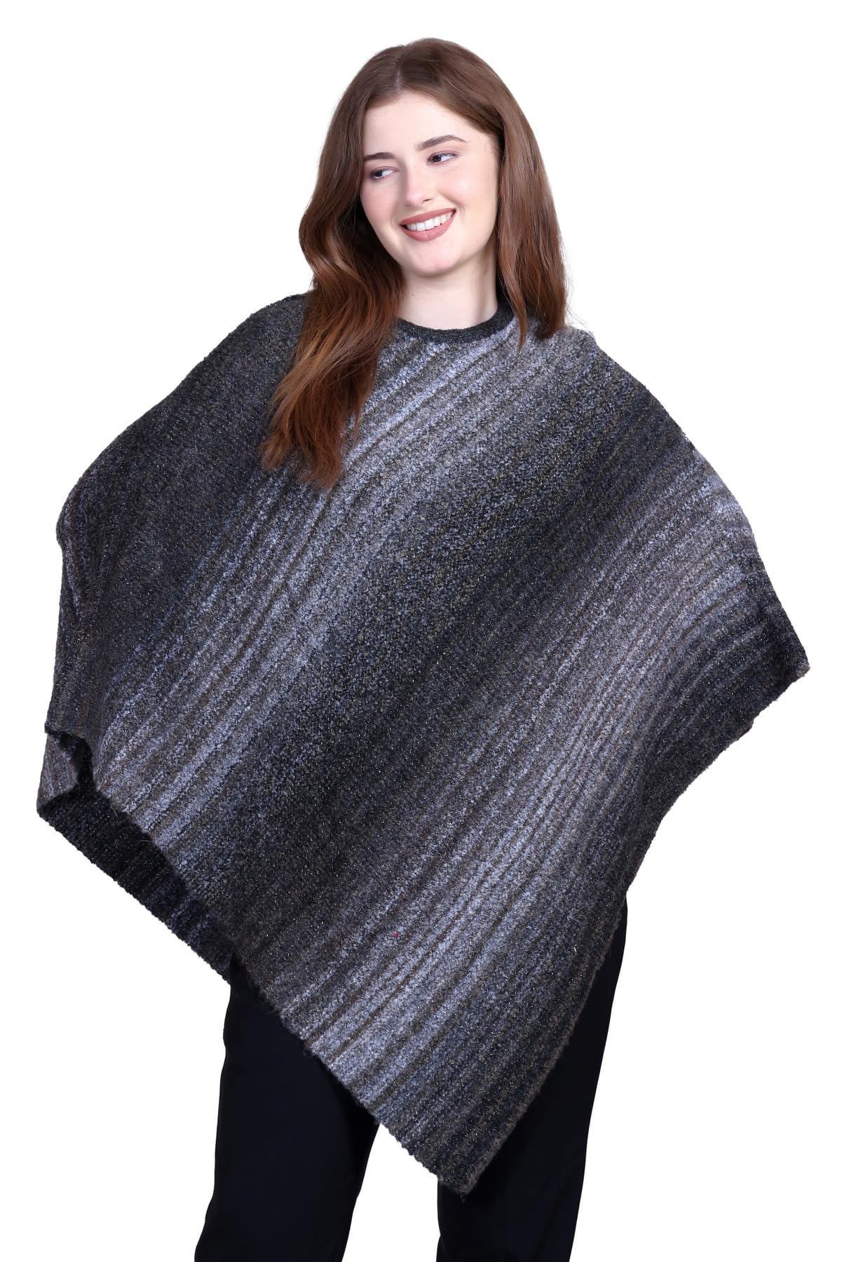 513 Women's Acrylic Woollen Winter Wear Round Neck Self Design Longline Poncho Sweater-picture-14
