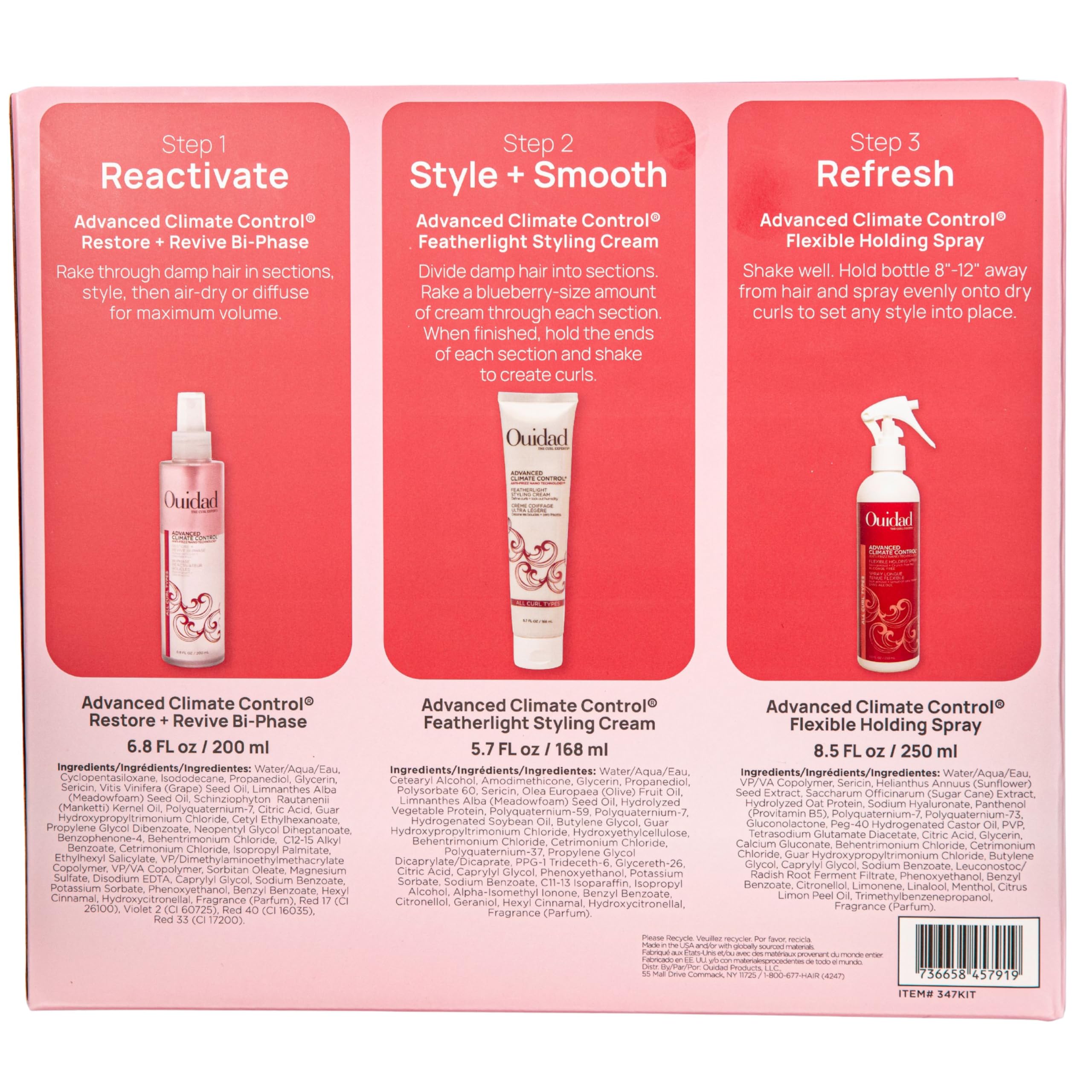 Ouidad Curl Refresh Bundle, Frizz Control Curl Defining Spray, 6 oz, Curly Hair Cream, 5.7 oz & Flexible Holding Spray, 8.5 oz, Lock in Moisture and Lock out Humidity, For All Curly Hair Types