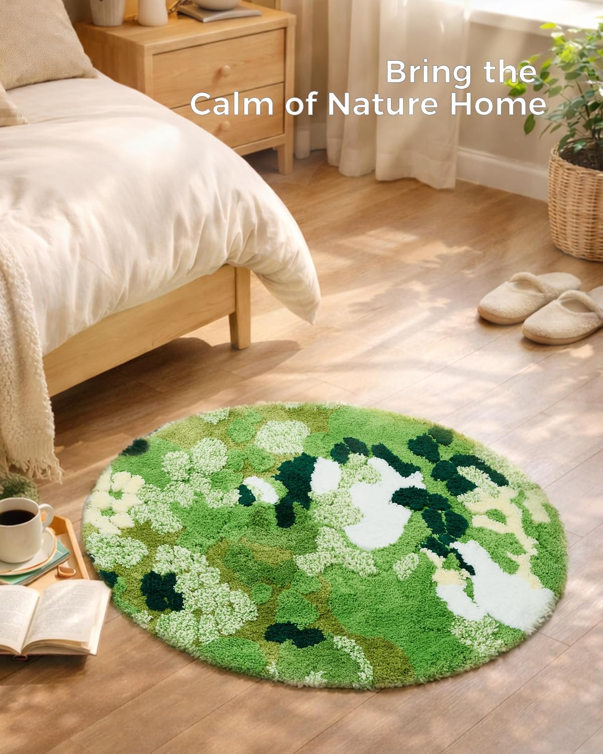 Round Moss Rug 100cm (3.3 ft Diameter) Green Circle Mat with Non-Slip TPE Backing, Soft 3D Tufted Round Rug for Office Chair, Bedroom, Rocking Chair, Bathroom, Aesthetic Nature Inspired Floor Rug