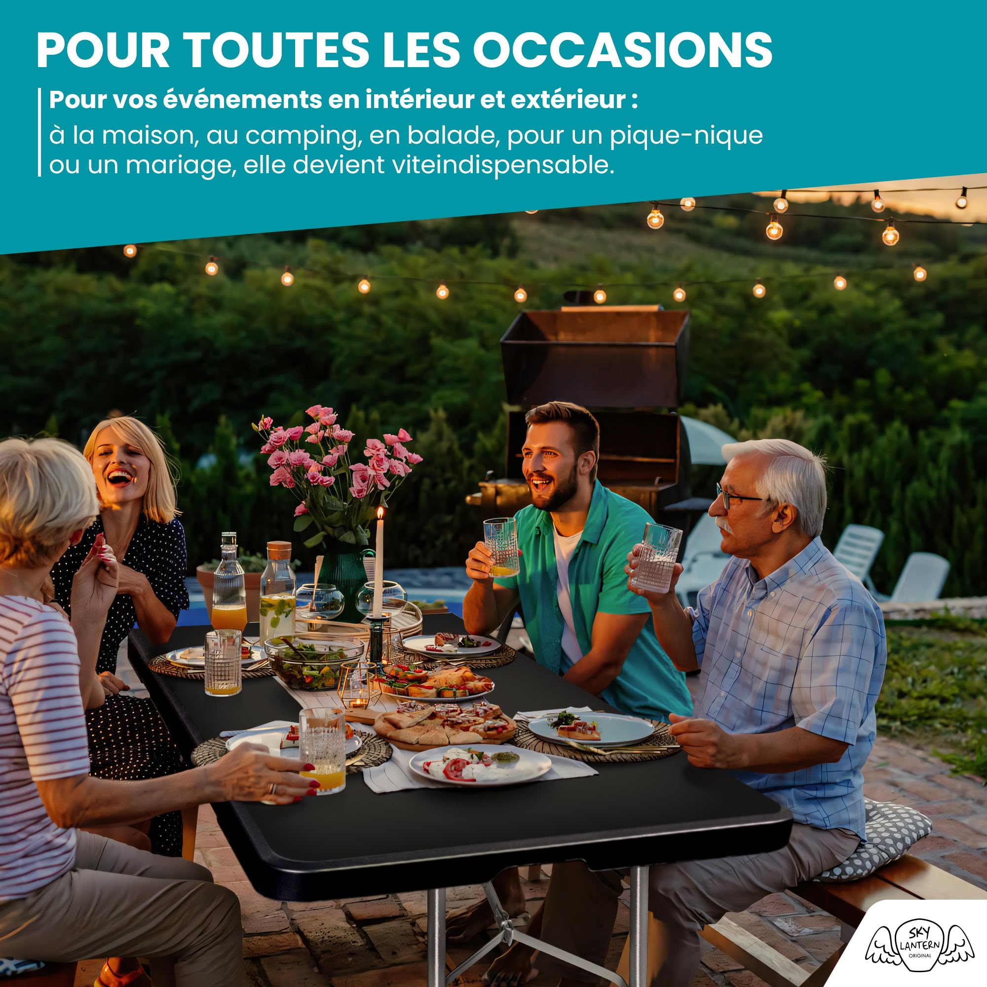 SKYLANTERN Lot de 10 Table Pliante de Jardin 180 cm Rectangulaire Noire - Table de Camping 8 Personnes L180 x l74 x H74cm en HDPE Haute Densité Épaisseur 3,5 cm - Pieds en Acier Pelliculé Gris