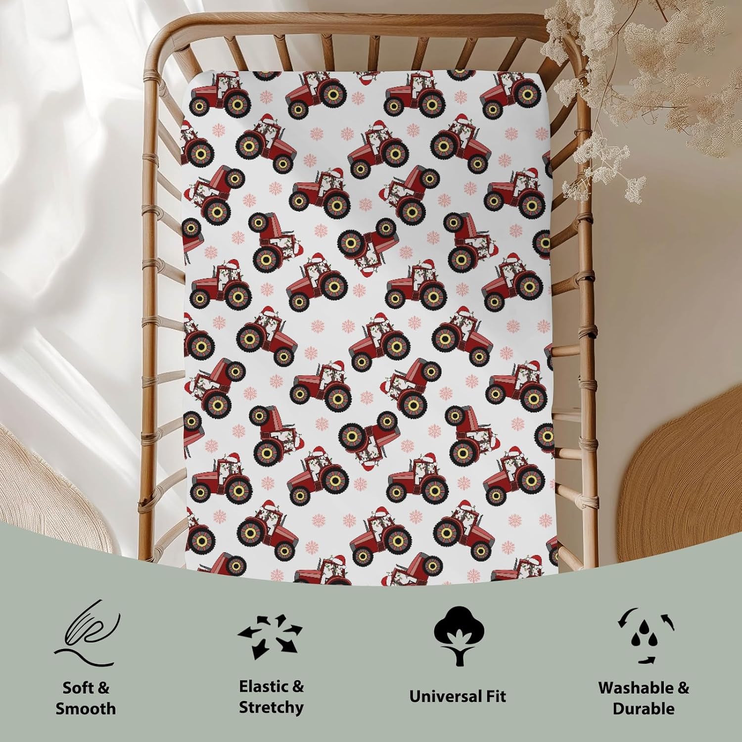 Red Tractors Snowflakes Baby Crib Sheets for Boy Girl 52x28 Christmas Farm Tractor Harvest Soft Snug Fitted Crib Mattress Cover Farmhouse Trucks Vehicle Baby Sheet for Standard Crib & Toddler Mattress