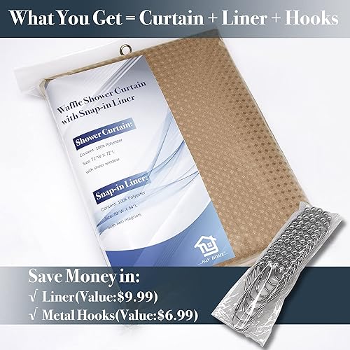Miniatura 9 de N&Y HOME Juego de cortina de regadera de punto gofre, forro de tela a presión y ganchos, estilo hotel, impermeable, lavable y ventana superior de