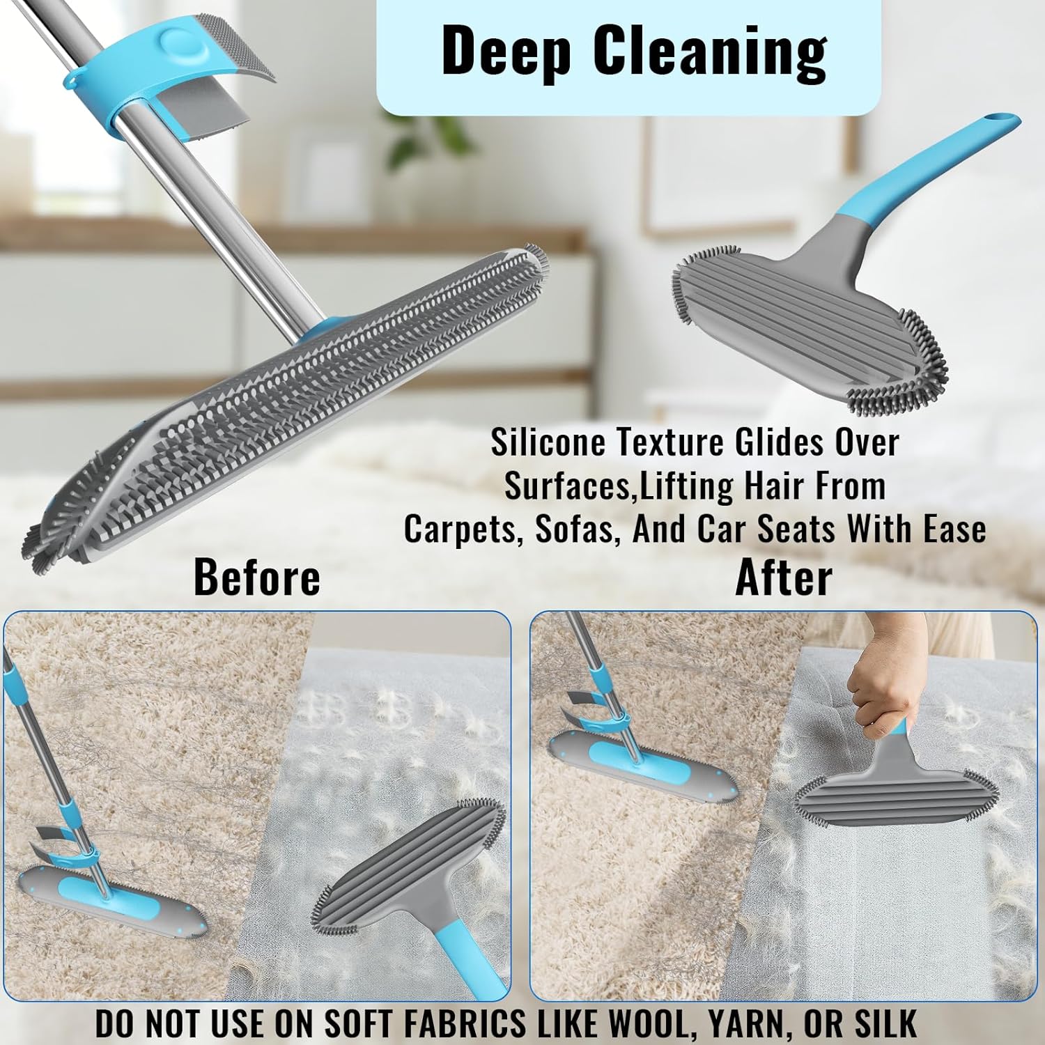 Carpet Rake for Pet Hair Removal Tool, 3 in 1 Carpet Scraper with 59" Adjustable Handle, Silicone Rug Rake for Dog & Cat Hair, Pet Hair Remover for Furniture, Couch, Pet Bed & Car Interior