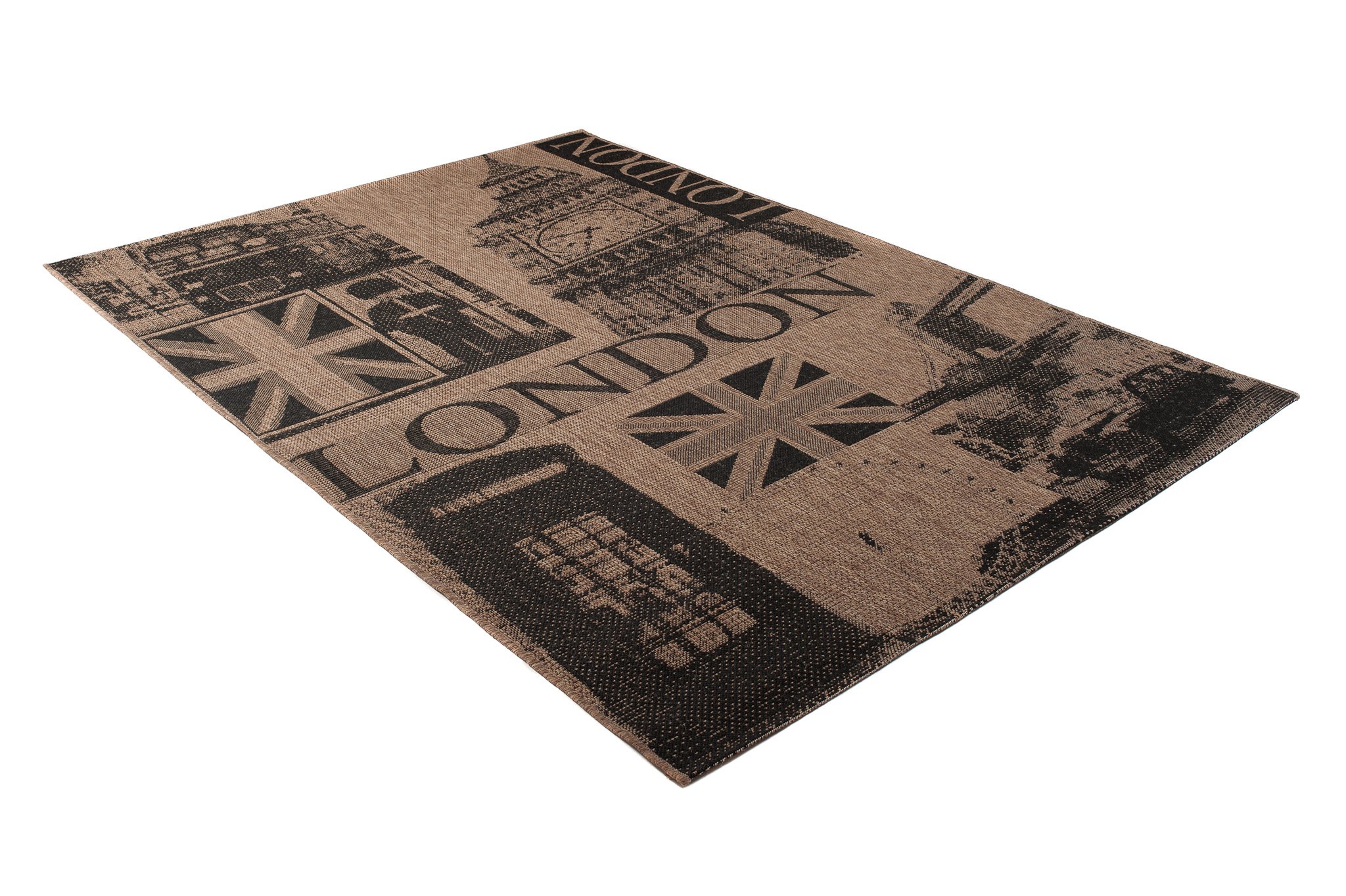 Tapiso FLOORLUX dywan o wyglądzie sizalu, tkanina płaska brązowa, czarna, napis Londyn, nowoczesne wzornictwo, do salonu, kuchni, korytarza, wewnątrz, 200 x 290 cm