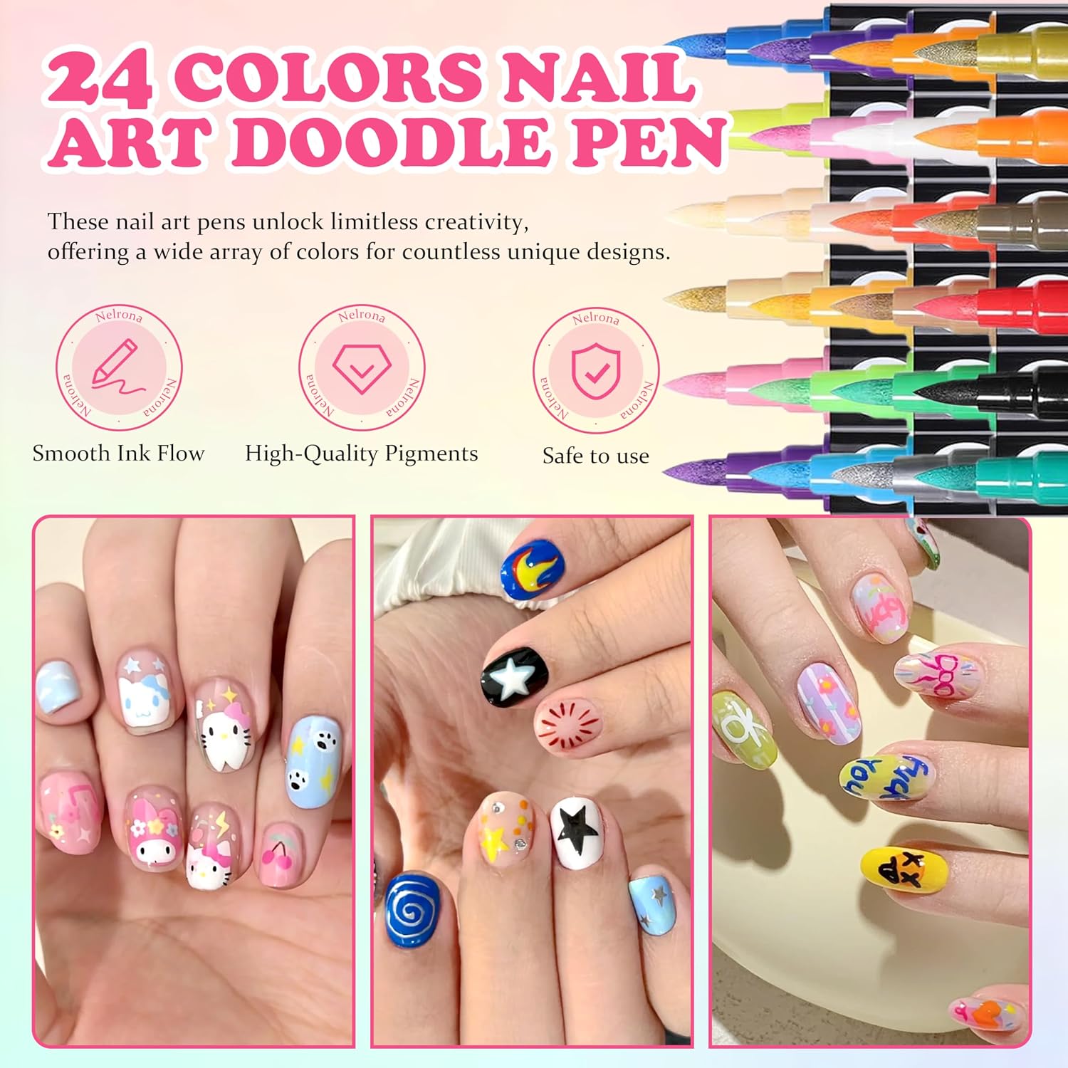 24 Colors Nail Art Pens Dual tips 3D Nail Polish Pens Set 0.7mm Quick-Drying Acrylic Paint Markers Dotting Liner Drawing Pen Manicure Tools Set for Nail Design, DIY Home Salon Manicure Tools