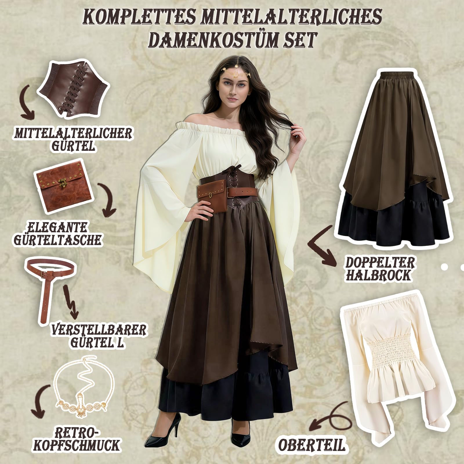 Mittelalter Kostüm Damen, Mittelalter Kleidung Damen Renaissance Kleid Erwachsene Set mit Corsett, Gürteltasche und Gürtel, Viktorianisches Kostüm für Karneval Halloween
