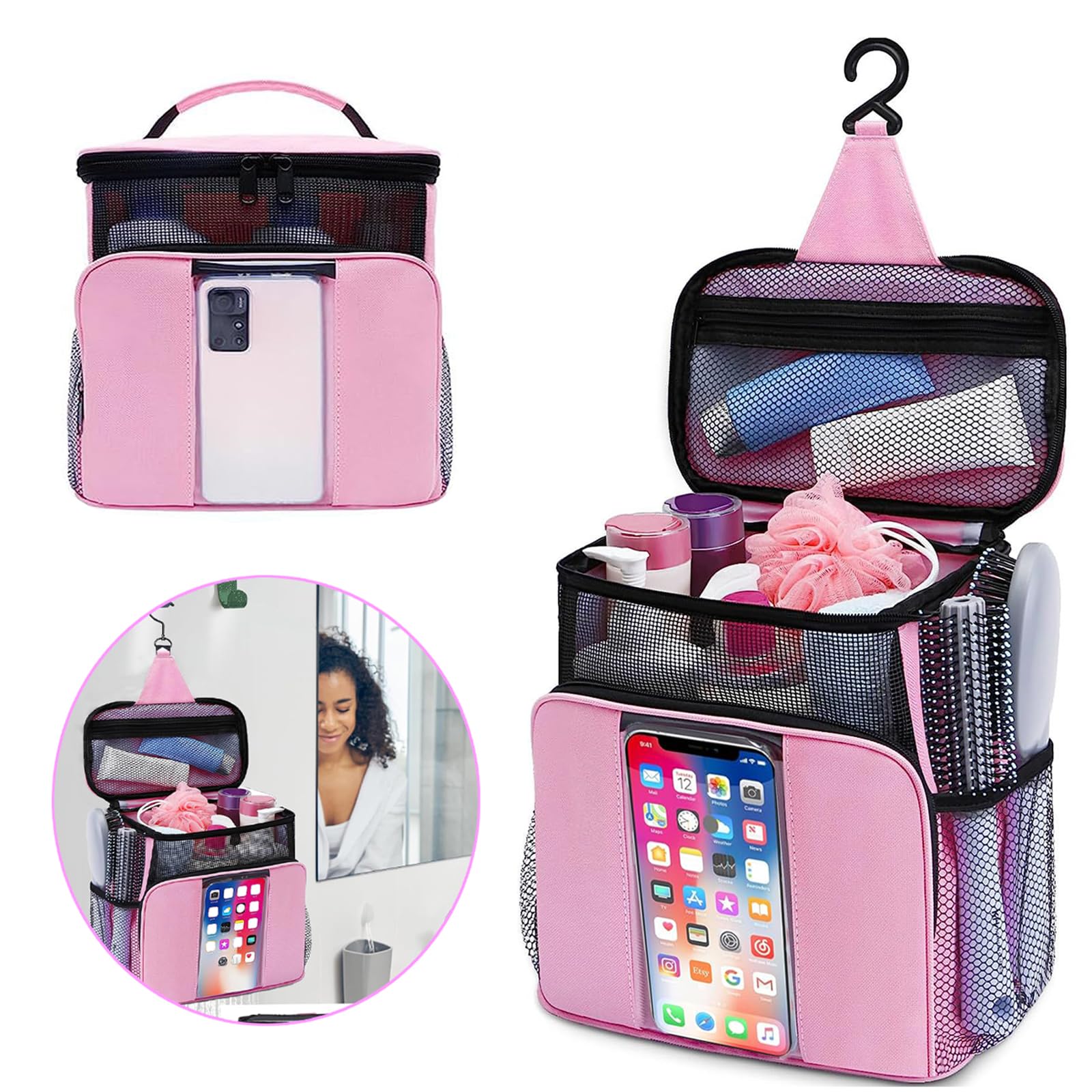 Pink shower Caddy Dorm Room Essentials for Girls-Mesh Shower Caddy Quick Dry Portable Hanging Toiletry Bag Large Makeup