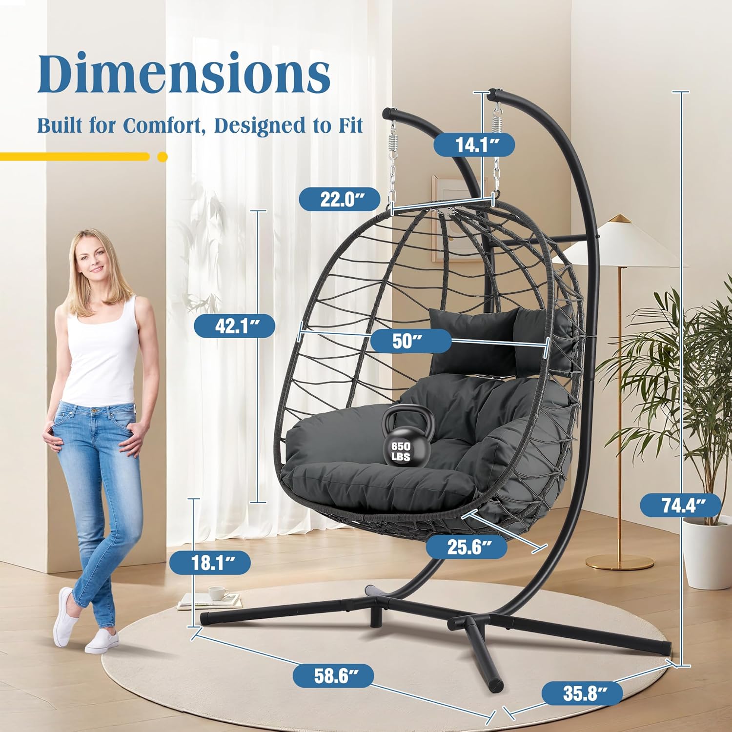 Double Hanging Egg Chair with Stand, Foldable 2-Person Wicker Porch Swing Chair Outdoor Indoor, Heavy Duty Rattan Hammock Loveseat w/Cushions for Bedroom Garden Balcony Patio, 650LBS (Grey)