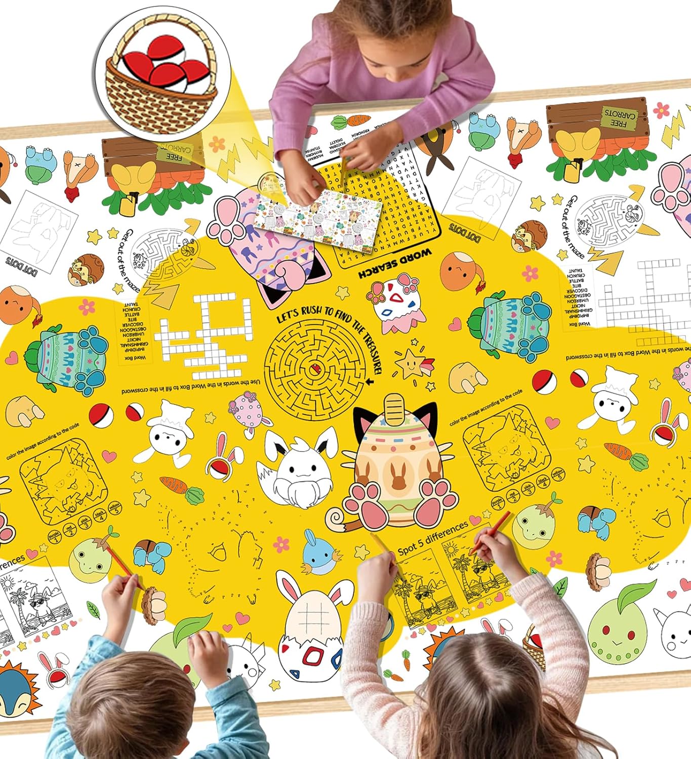 Easter Coloring Tablecloth for Kids - 71×31 in Yellow Cat Paper Easter Crafts with Fun Games and Color Inspiration Card for Activities Party Favors Table Cloth, Giant Large Poster