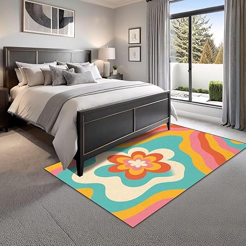 Miniatura 3 de Alfombras bohemias de 4 x 5 para sala de estar, para entrada, estilo retro, psicodélico, psicodélico, ondulado, estilo de los años setenta, alfombra