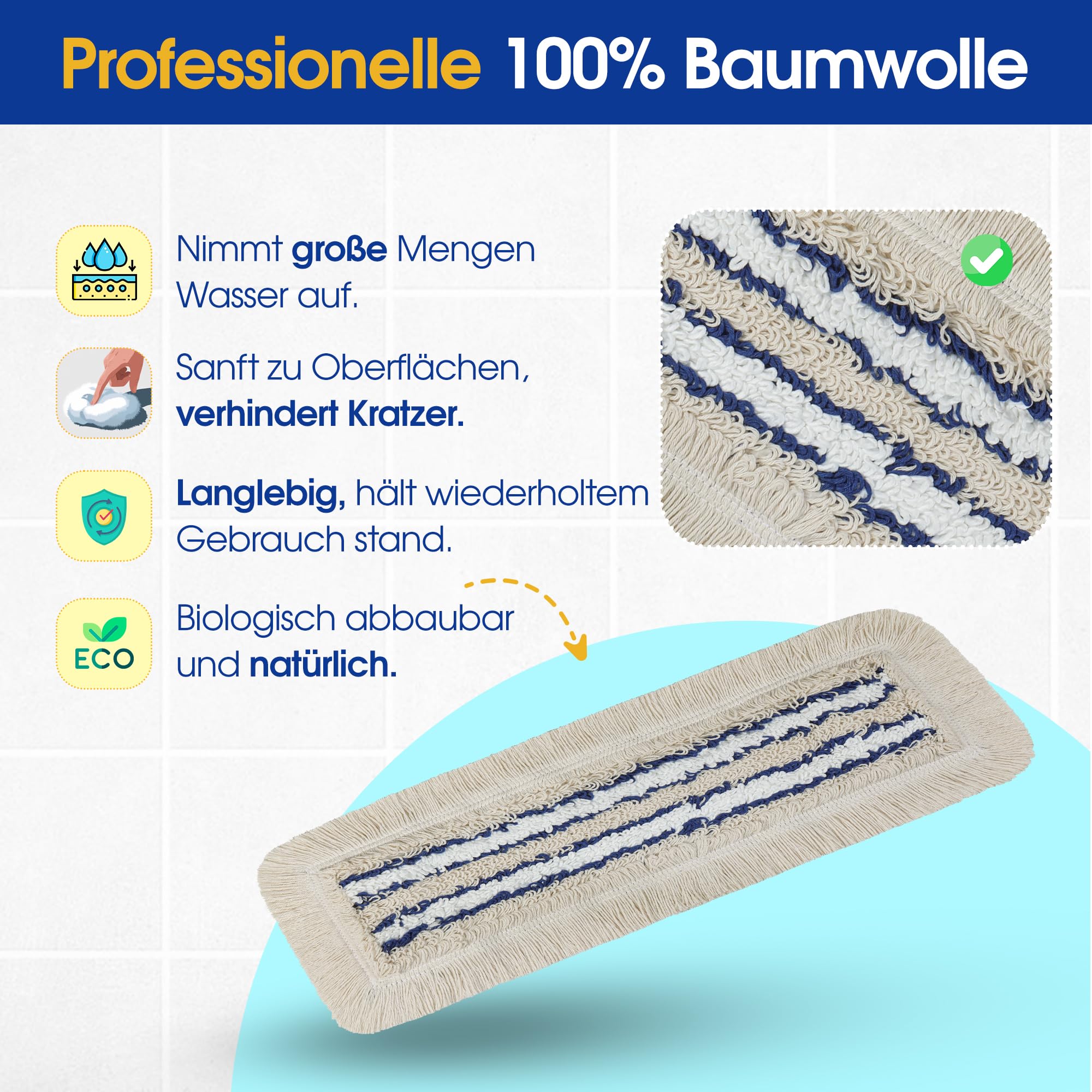 OKAEI Wischmop-Komplettset 50 cm – 5× Bezug Blau‑Weiß‑Beige + Klapphalter & Alu‑Teleskopstiel – Für Trocken‑ & Nassreinigung – Ideal für Haushalt & Gewerbe