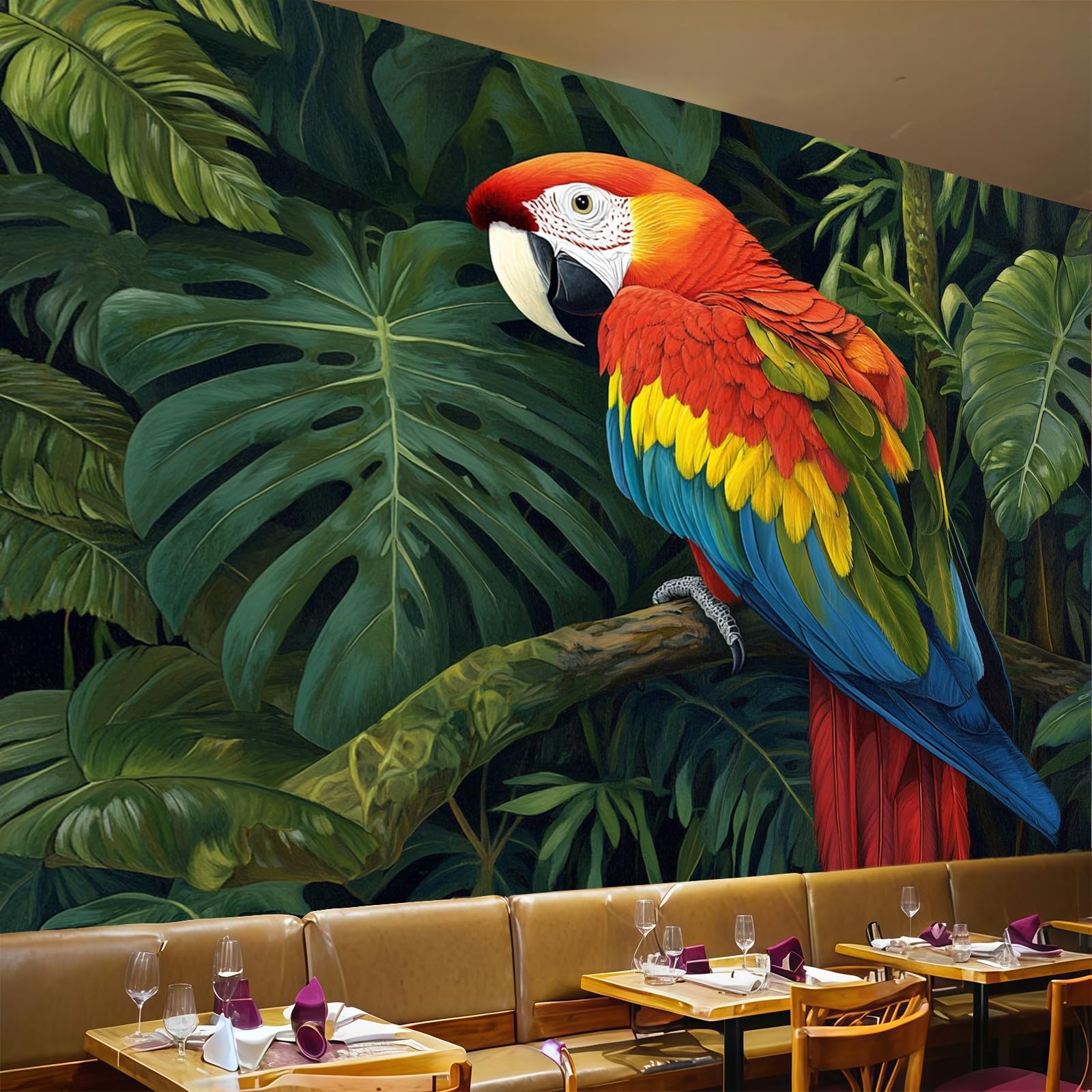 Papier peint panoramique jungle perroquet vert 450x315 cm pour salon et chambre