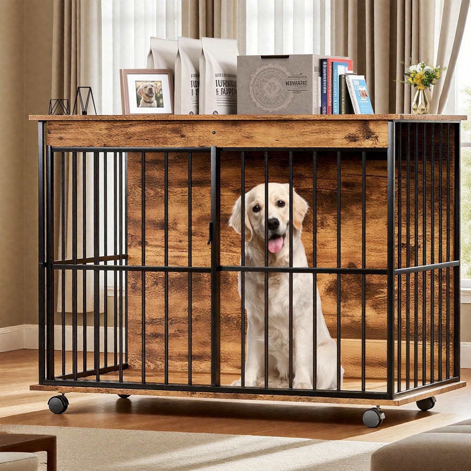 EMKK 43.3" Dog Crate Furniture, XL Wooden Crate End Table Heavy Duty Dog Kennel Indoor Combination Cage for Medium to Large Dogs, Multiple Units Can be Combined (Walnut)