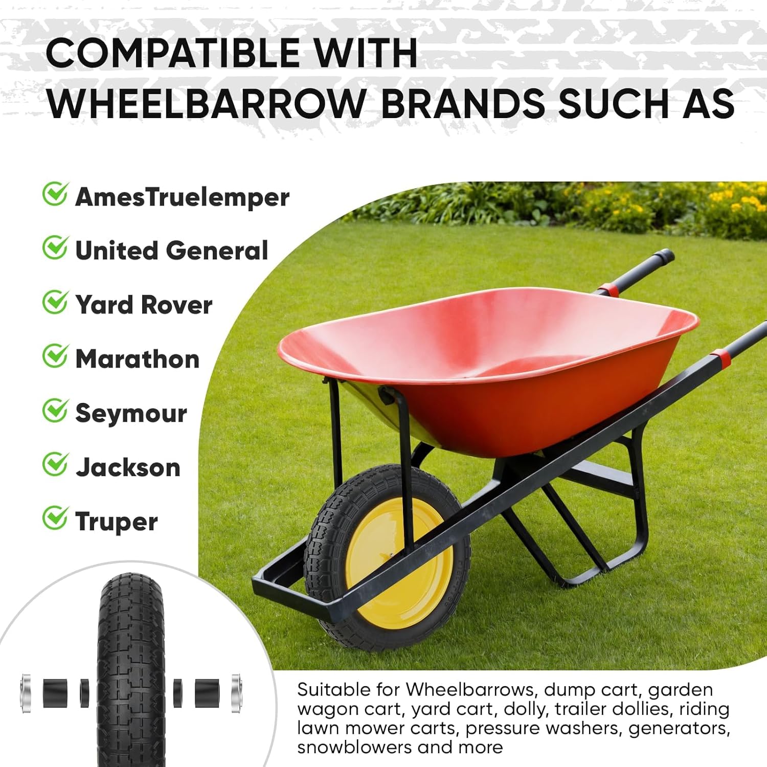 TICONN 4.80/4.00-8 Tire, 14.5" Flat Free Wheelbarrow Tire and Wheel, Solid Replacement Tires with 3" Centered Hub, 5/8" 3/4" Bearings, Universal Fit 4.80/4.00-8, 3.50/3.00-8, 4.00-6 (Yellow) - Image 6