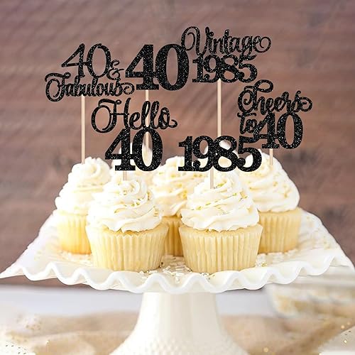 Miniatura 4 de Rsstarxi Paquete de 24 adornos vintage de 1984 para cupcakes con purpurina de cuarenta y hola de 40 saludos a 40 fabulosas selecciones de cupcakes