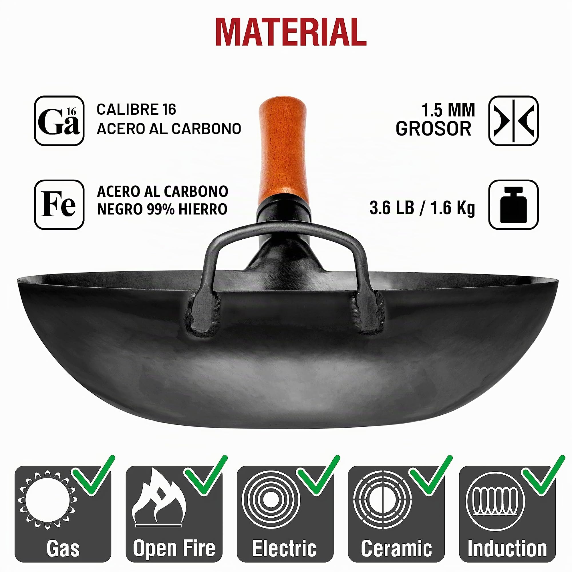 YOSUKATA Sartén Wok de Acero al Carbono 34 cm – Pre-sazonado de Fondo Plano + Espátula y Cucharón para Wok 43 cm