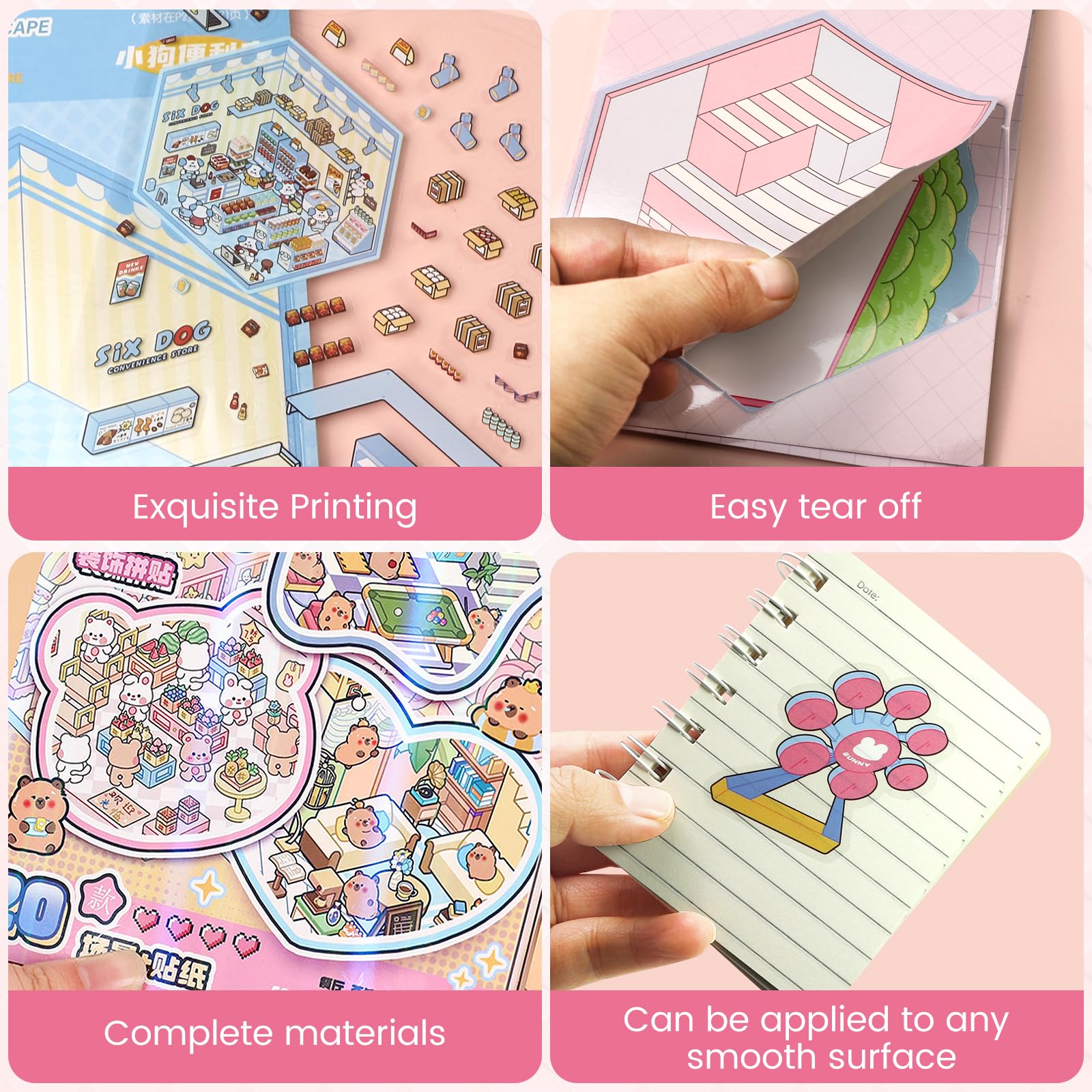 40 zestawów naklejek 3D House – 2 książki Diy Cozy Little Home House Scene Sticker Book Therapy, wielokrotnego użytku, zestaw naklejek na dom, kolekcja książek, miniaturowy dom 3D, z 2 pęsetami dla