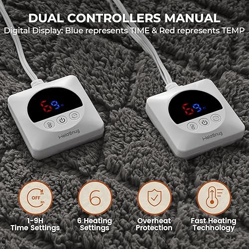 Miniatura 6 de Cubrecolchón eléctrico con calefacción de 78 x 80 pulgadas, doble controlador, tamaño King, 6 ajustes de calor, temporizador de 1 a 9 horas, apagado