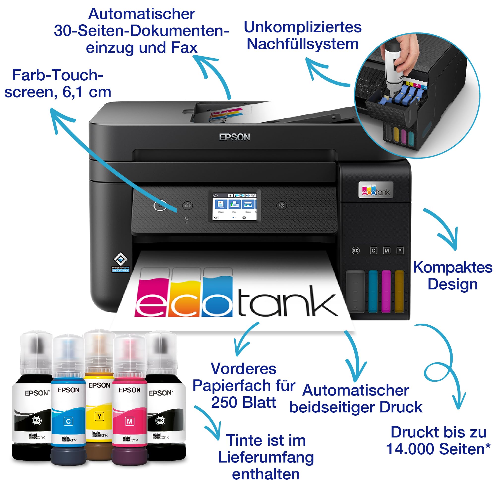 Epson EcoTank ET-4850 A4-Multifunktions-Wi-Fi-Tintentankdrucker, mit einem im Lieferumfang enthaltenen Vorrat an Tinten bis zu 3 Jahren