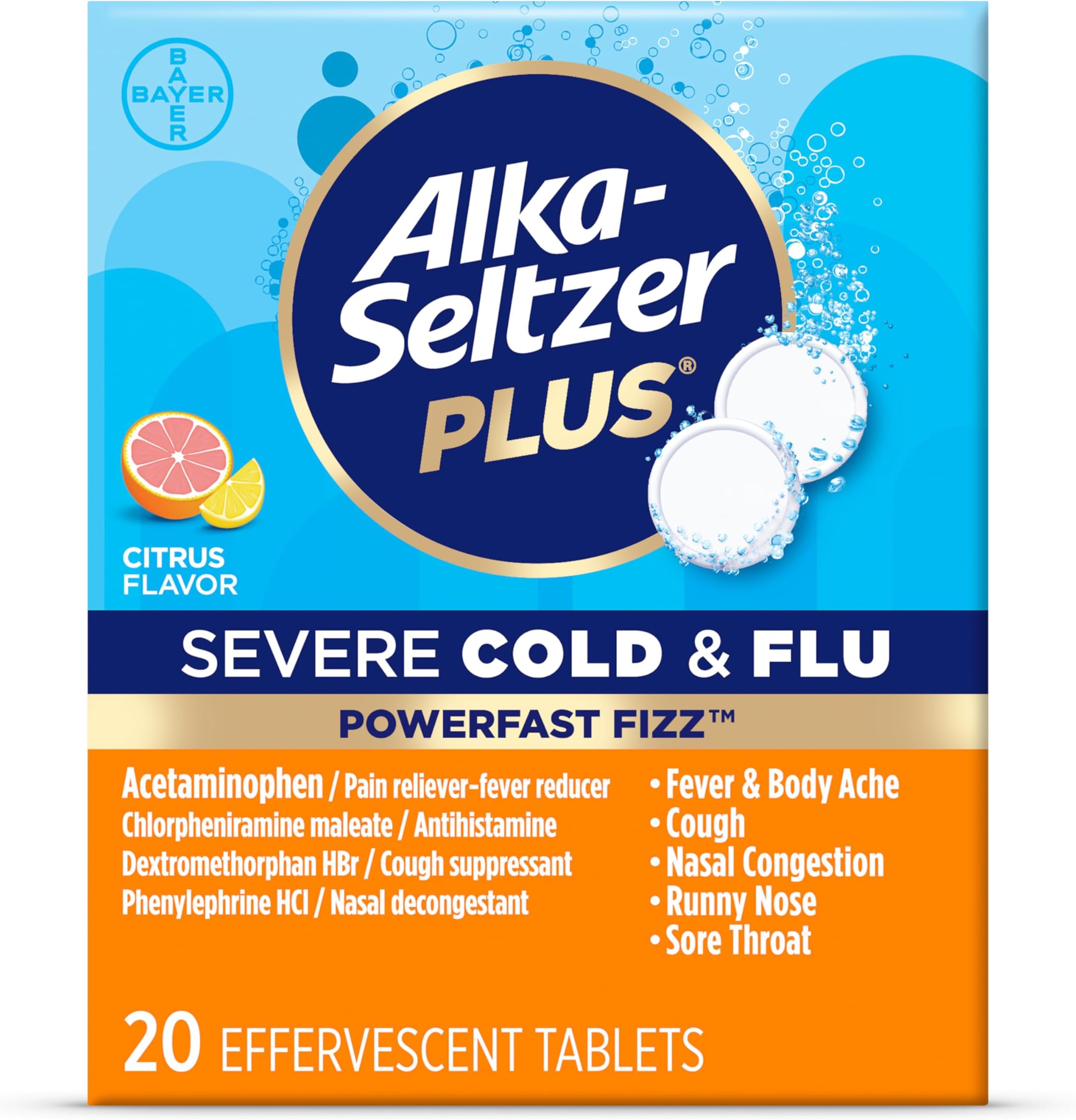 Alka-Seltzer Plus Severe Non-Drowsy Cold & Flu PowerFast Fizz Citrus Effervescent Tablets 20 Count (Pack of 1)