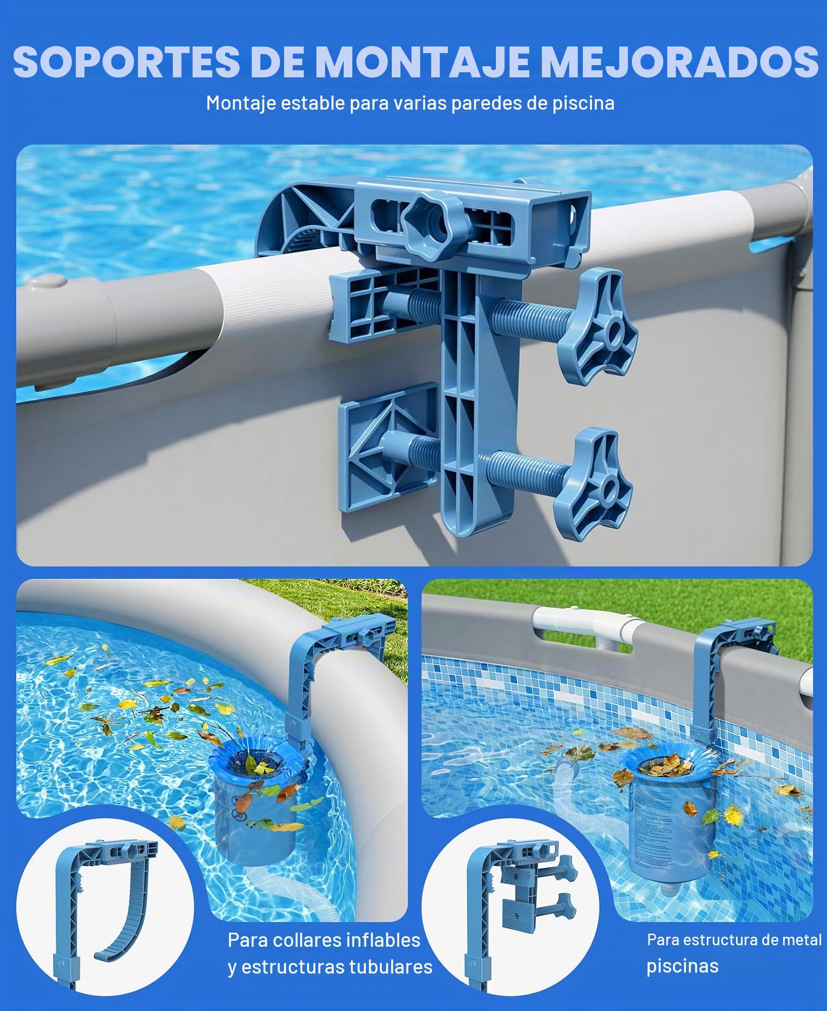 KIrSwp 2026 - Skimmer de piscina sobre el suelo con 3 calcetines de skimmer | Skimmer de superficie de montaje en pared, soporte mejorado - Antiinclinación | Cesta flotante extraíble para piscina