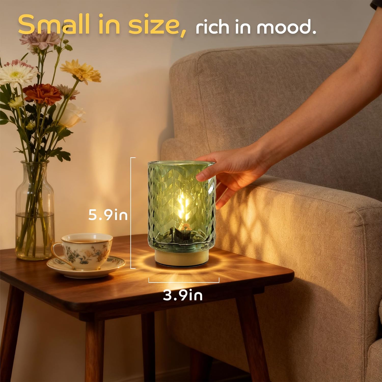LUSHARBOR Battery Operated Table Lamp, Small Lamp Bedside Decor Ambient, Cordless Glass Table Lamp Battery Powered for Bookshelf Desk Living Room Entryway Dorm Wave Design-Green