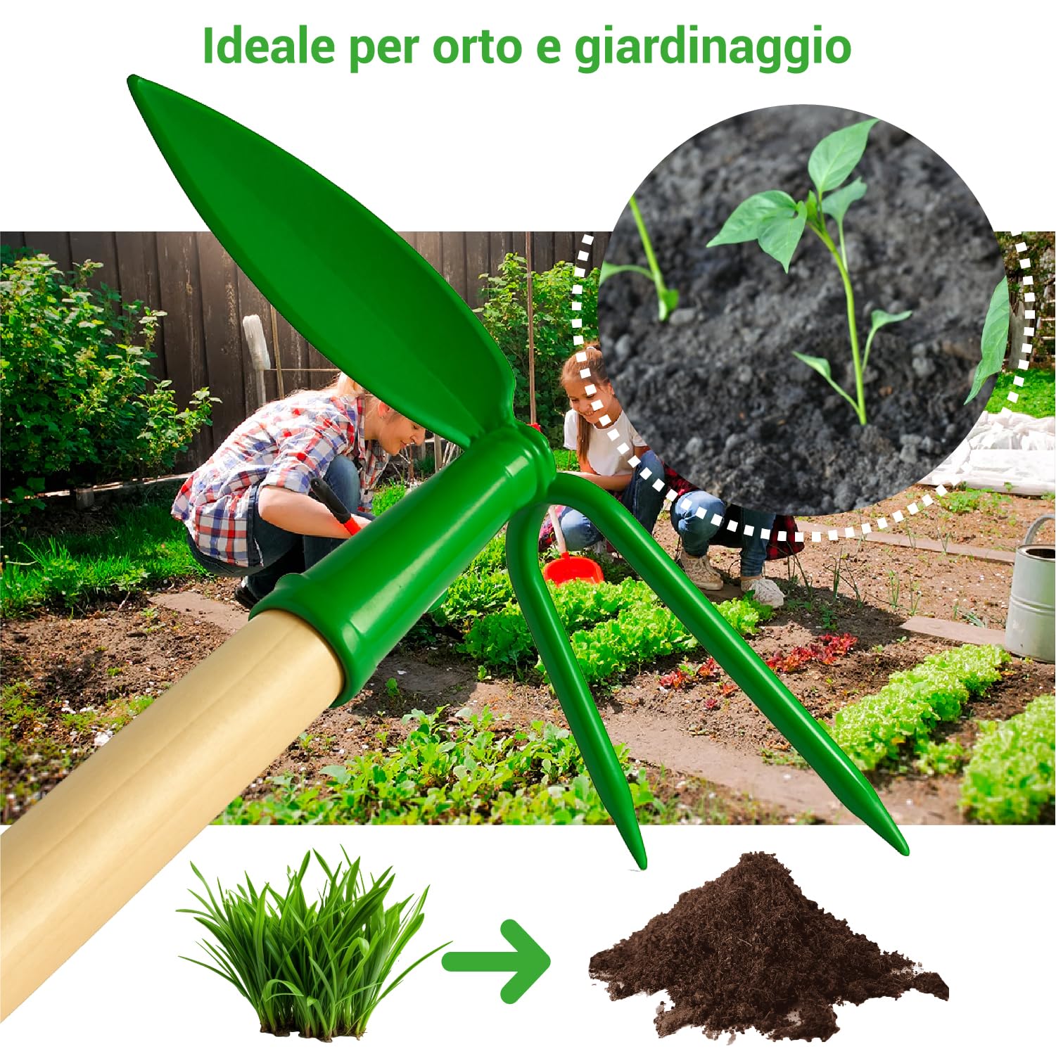 Crisalide® Azada de jardín con mango de madera 120 cm – Herramienta de jardinería para desherbar, mover y airear el suelo – Azada de doble punta ergonómica y resistente