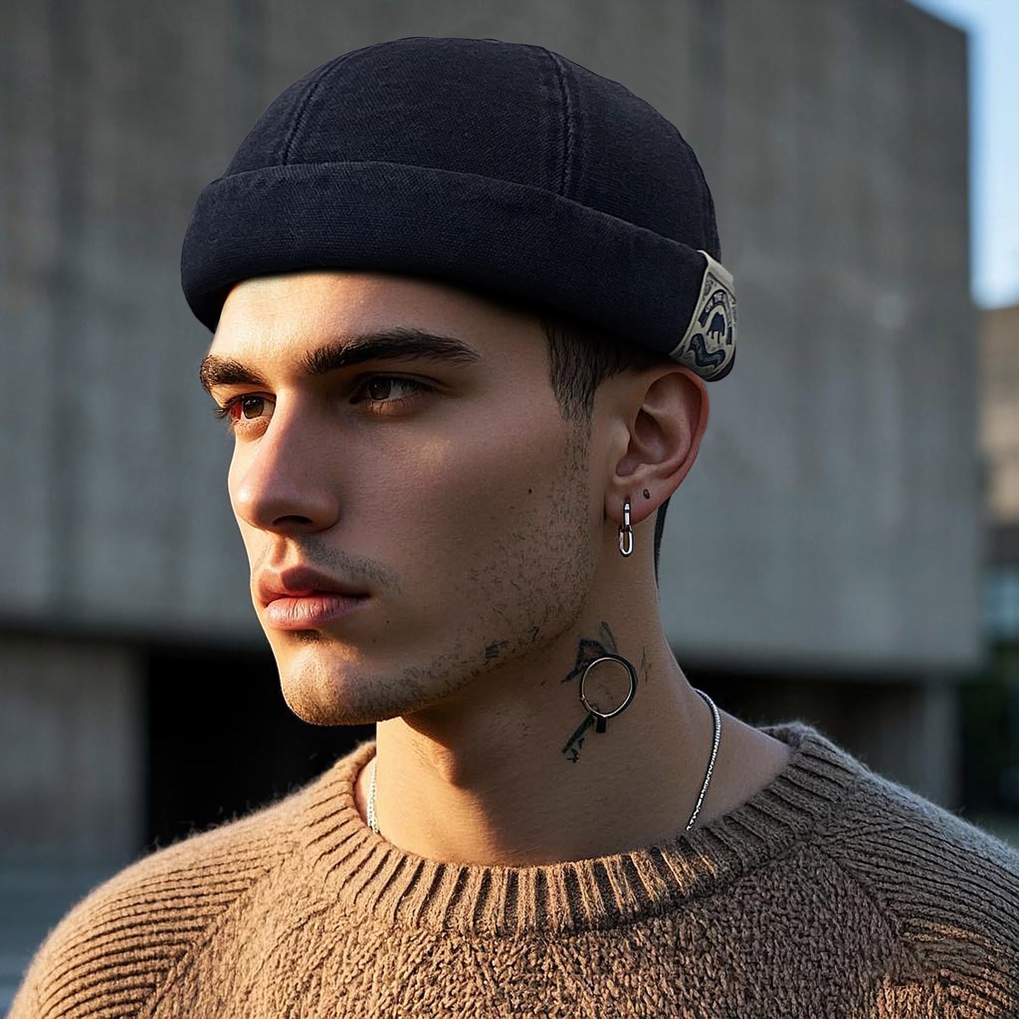 Croogo Black Docker Cap Brimless Sailor Fisherman Vintage Leon Hat No Visor Skull Caps Casual Worker Cap Beanie,Black-CT36