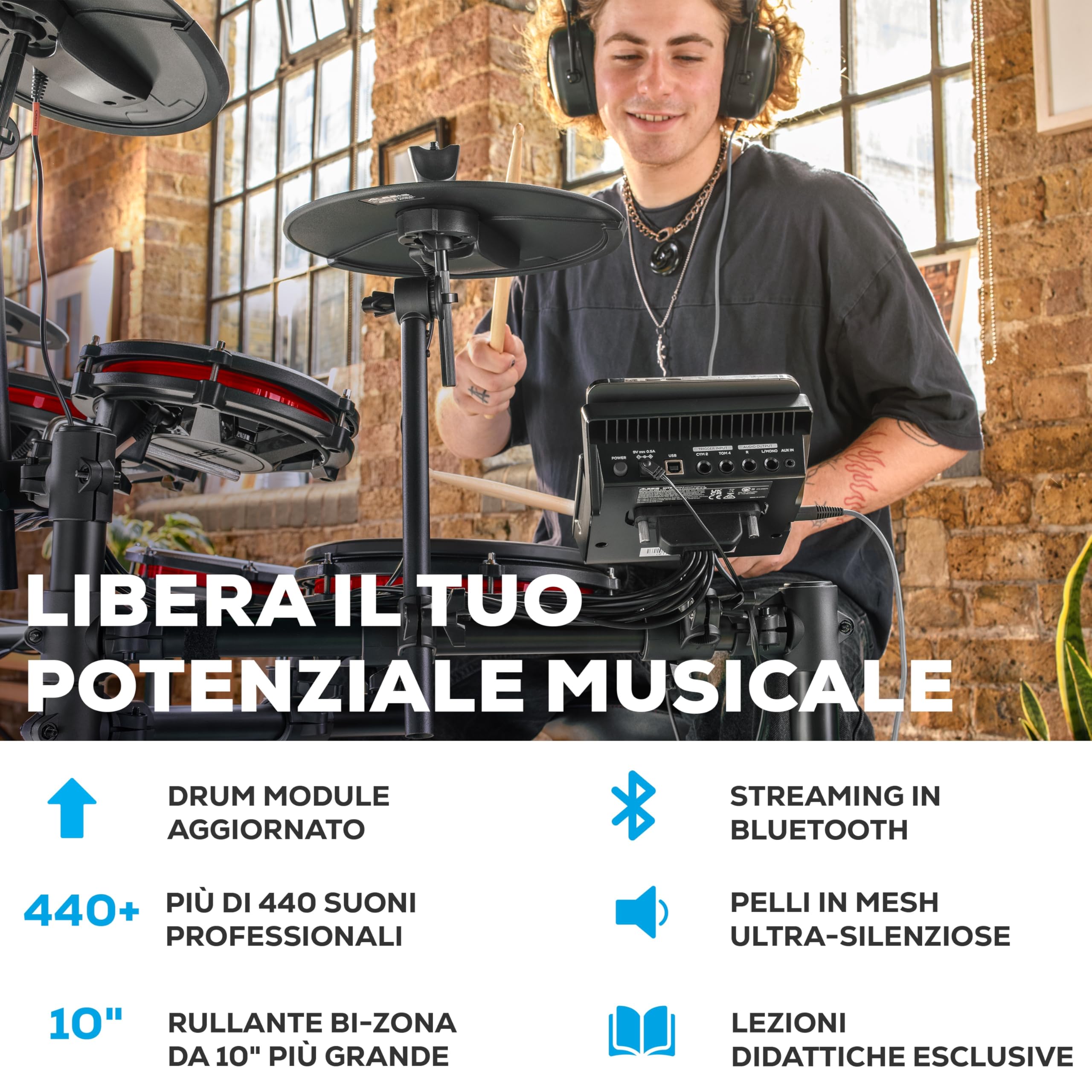 Alesis Nitro Max Kit Batteria Elettronica Mesh Silenziose Dual-Zone 10" Bluetooth 440+ Suoni BFD Drumeo USB MIDI Pedale Cassa