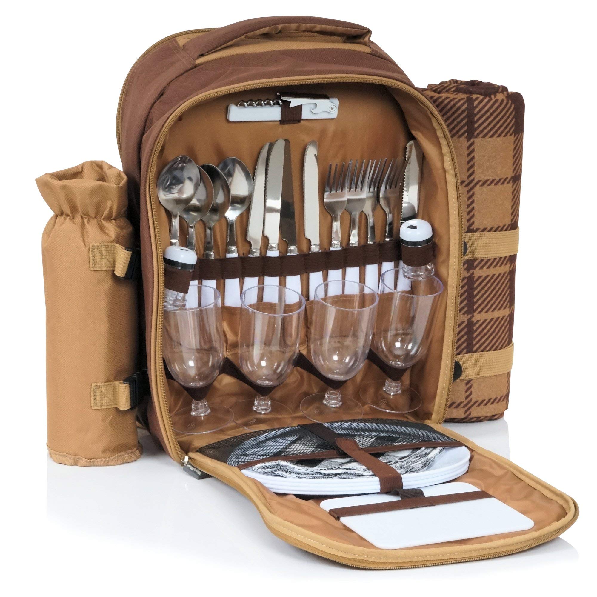 CampFeuer Mochila de Picnic para 4 Personas | Color Marrón | Juego de Picnic con 32 Piezas | Incl. Portabotellas, Gran Compartimento de Refrigeración, Vajilla y Cubiertos | Mochila Nevera Isotérmica