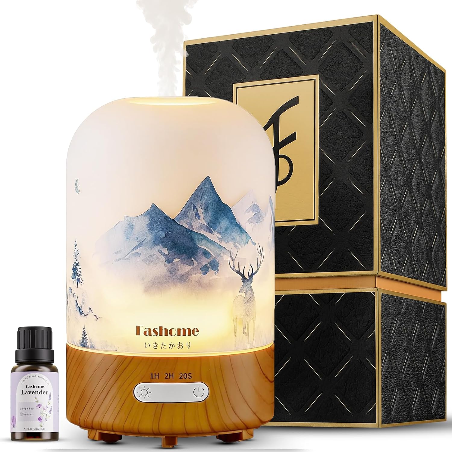 Essential Oil Diffuser Hand Blown Glass, 100ml Small Aromatherapy Diffuser, Auto Shut-Off Function, Ultrasonic Diffusers for Essential Oils, Cool Mist Humidifier with Warm White Lights