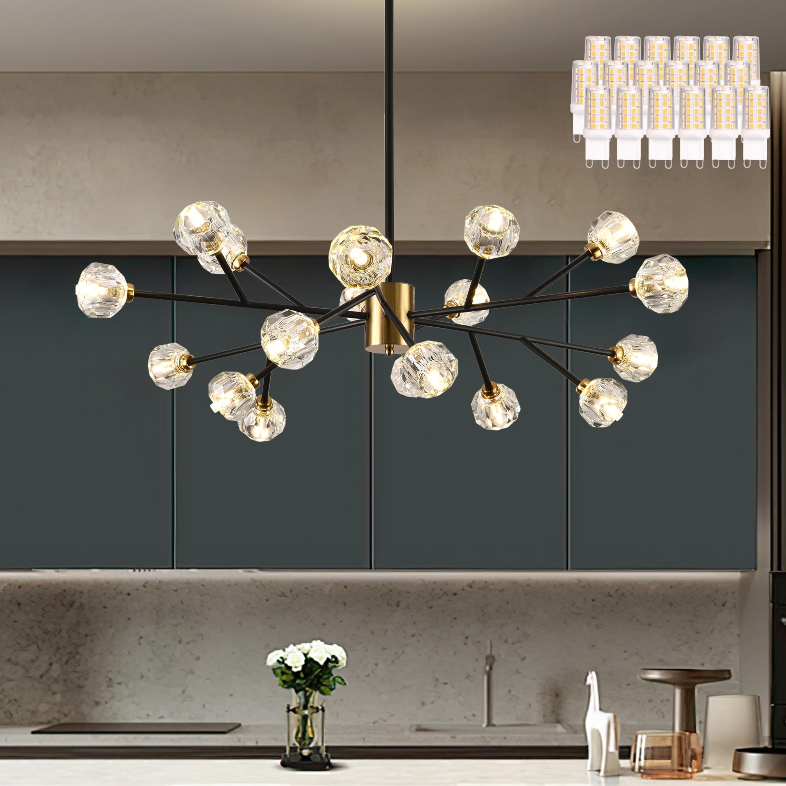 KoKo&Yukina 18-Lights Sputnik Chandeliers Mid Century Modern Black and Gold Chandelier Sputnik Light Fixture Crystal Branch Chandelier for Dining Room Bedroom Living Room (18 x Warm White Bulb Incl.)