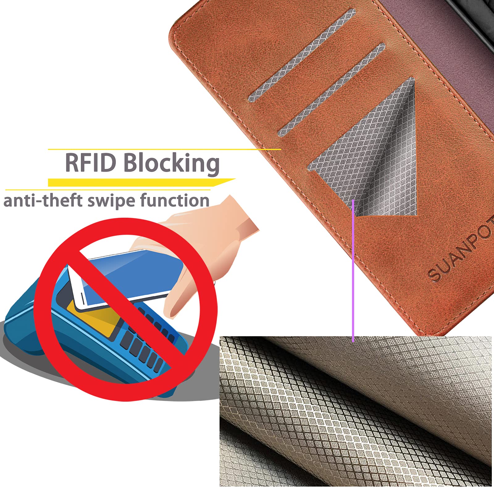 SUANPOT progettazione per Xiaomi Redmi Note 13 4G Blocco RFID Portafoglio Slot CarteSupporto Cellulare Magnetica custodia Pelle Sintetica Cover per Redmi Note 13 Marrone Chiaro