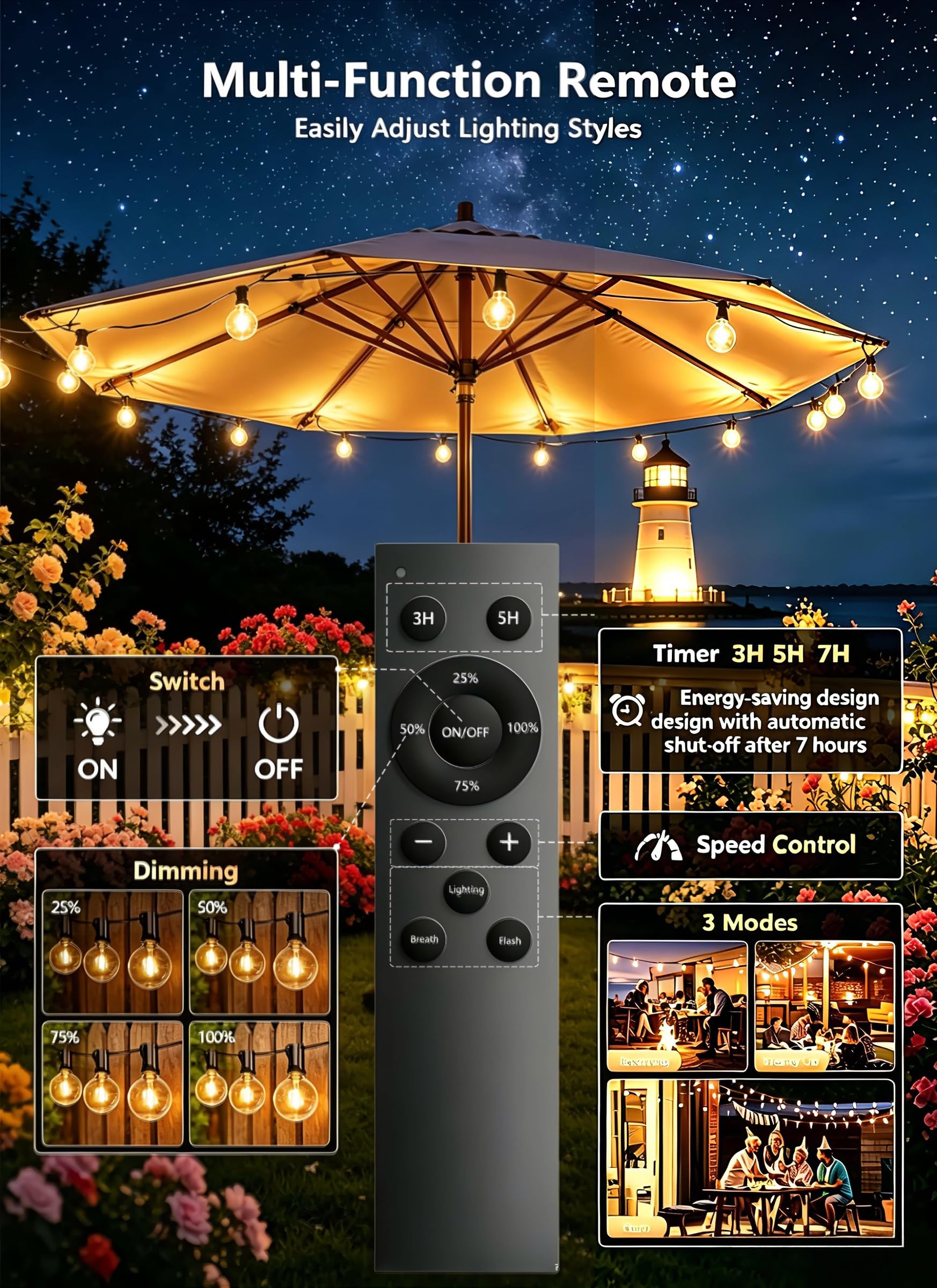 GPATIO Luci Solari Da Giardino, 30M LED G40 Luci da Esterno con Telecomando | Ricarica solare+USB, Lampade Solari da Giardino con Timer, Impermeabile, 42 Infrangibile Lampadine, Dimmerabile, 3Modalità