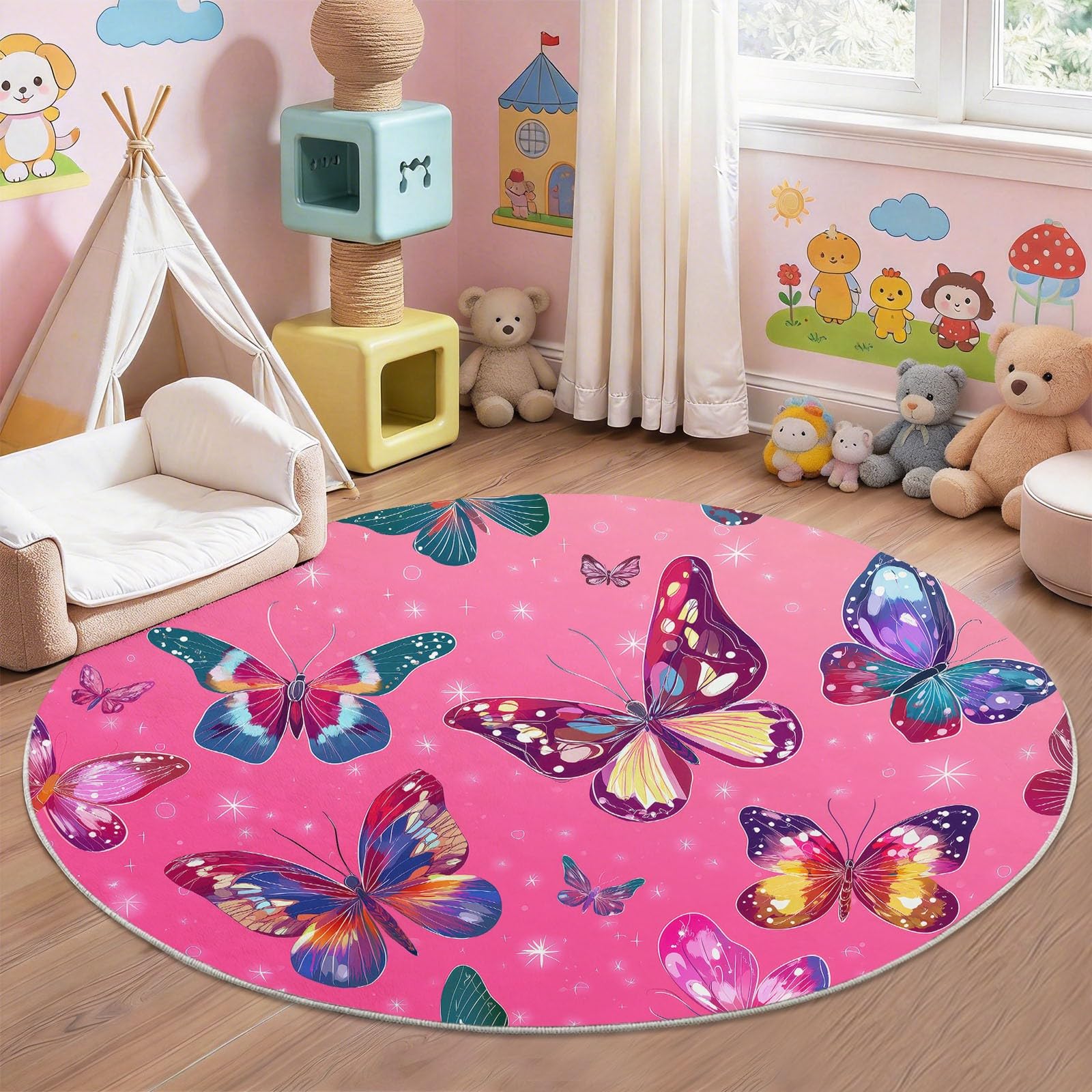 Alfombra Redonda 100 cm Rosa Onírico Lindo Animal Mariposa, Alfombra Pelo Corto para Salón, Dormitorio y Oficina, Antideslizante y Lavable, Apta para Robot Aspirador, Suelo