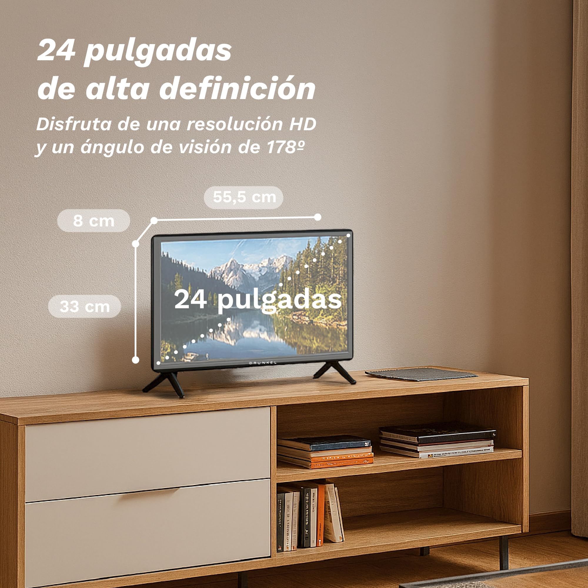 Grunkel - Televisor LED de 24 Pulgadas HD con Adaptador a 12V para Camper y Caravanas - LED-24 IV2 - Ready Alta definición con TDT Alta definición T2 - Modo Hotel con 3 HDMI y 2 USB - Negro