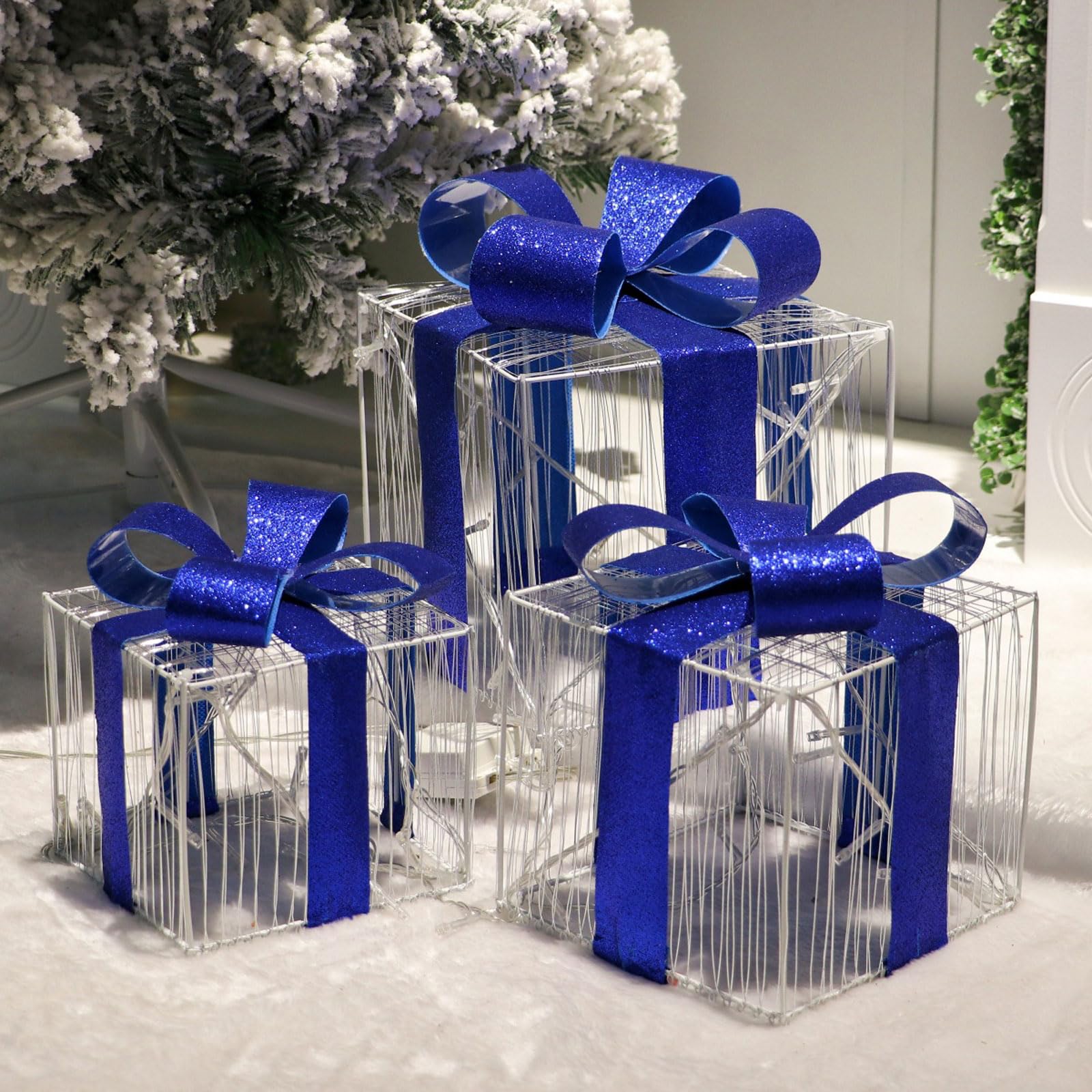 ozdoby świąteczne, Zestaw 3 pudełek prezentowych z lampkami świątecznymi w kolorze niebieskim, 14-19 cm, diodami LED (pudełko prezentowe)((Without Light) Gift Box)